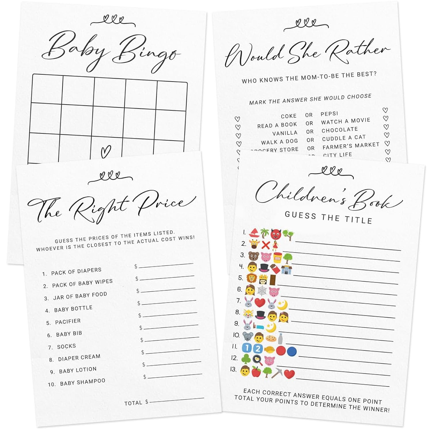 Baby Shower Game Set - 4 Games And Activities For 30 Guests, Includes Bingo, Price Is Right, Storybook Title Guessing, And Mommy-To-Be Trivia, Modern Minimalist Design For Boy Or Girl