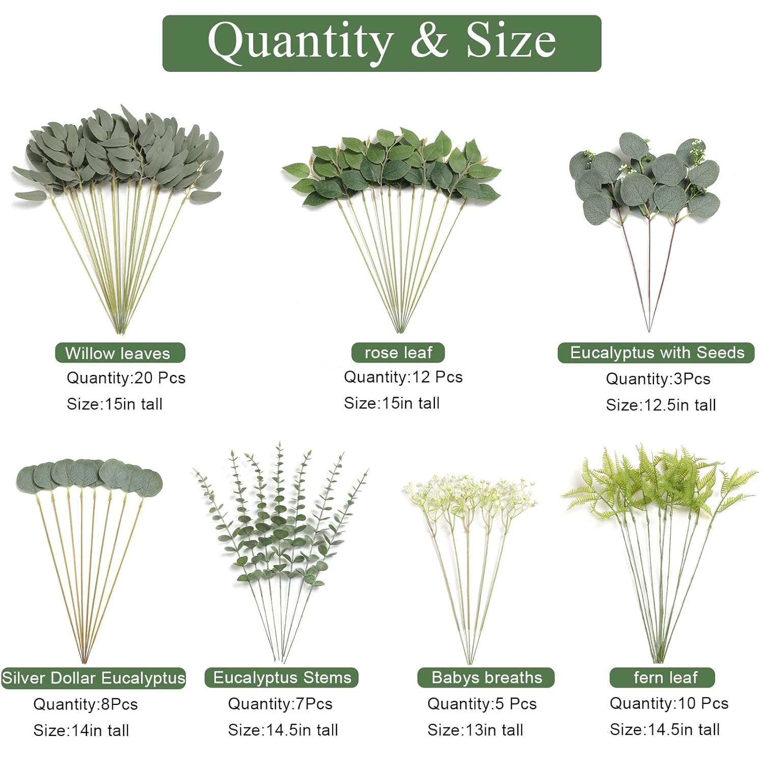 65 Pcs 7 Kinds Mixed Greenery Leaves Stems Bulk Artificial Silver Dollar Eucalyptus Leaves Picks Fake Eucalyptus Stems Faux Spray For Wedding Vase Bouquet Floral Arrangement