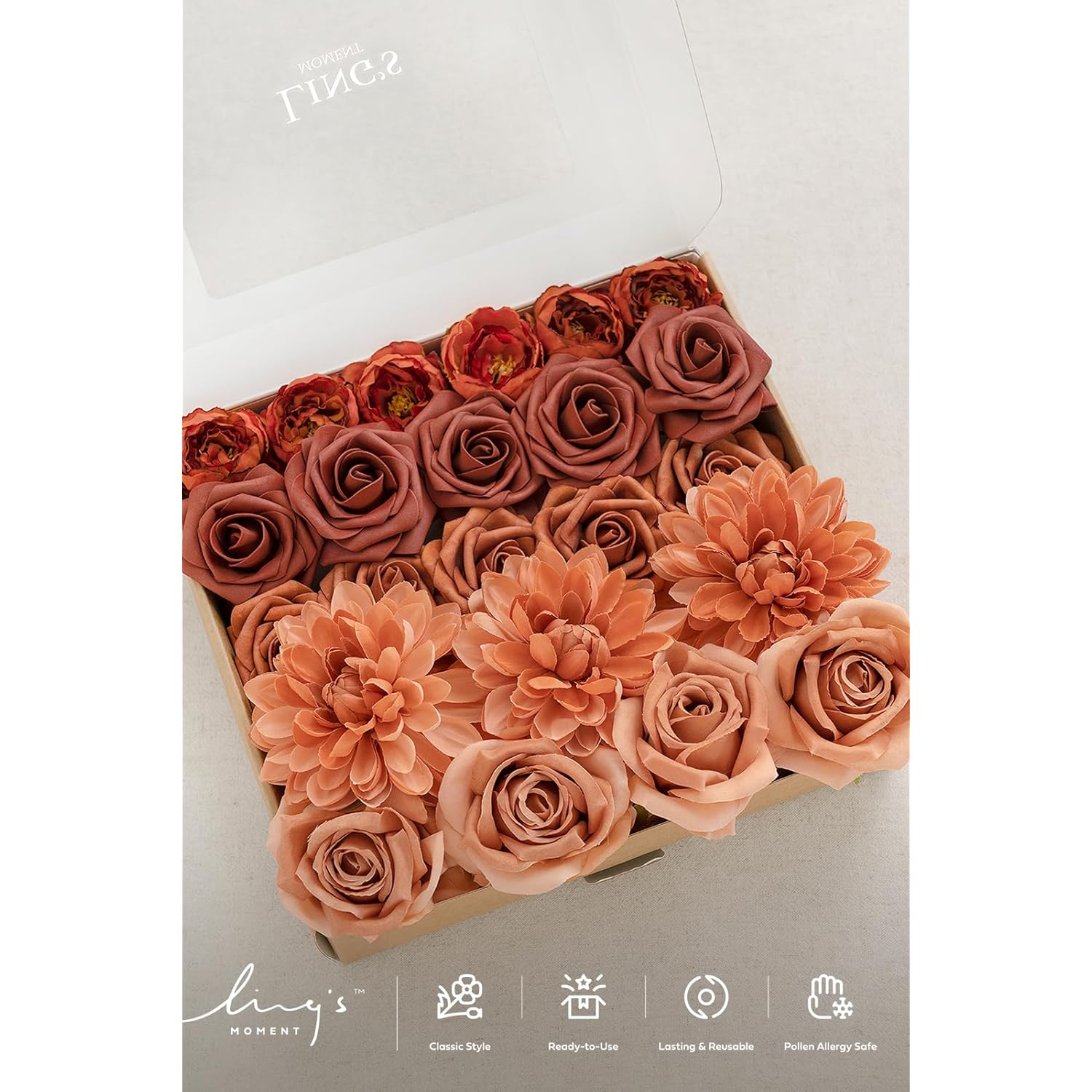 Artificial Flowers Fake Silk Dahlia Faux Foam Roses Combo For Diy Wedding Bouquets Centerpieces Arrangements Bridal Shower Party Home Decorations, Amber & Terracotta, 23Pcs