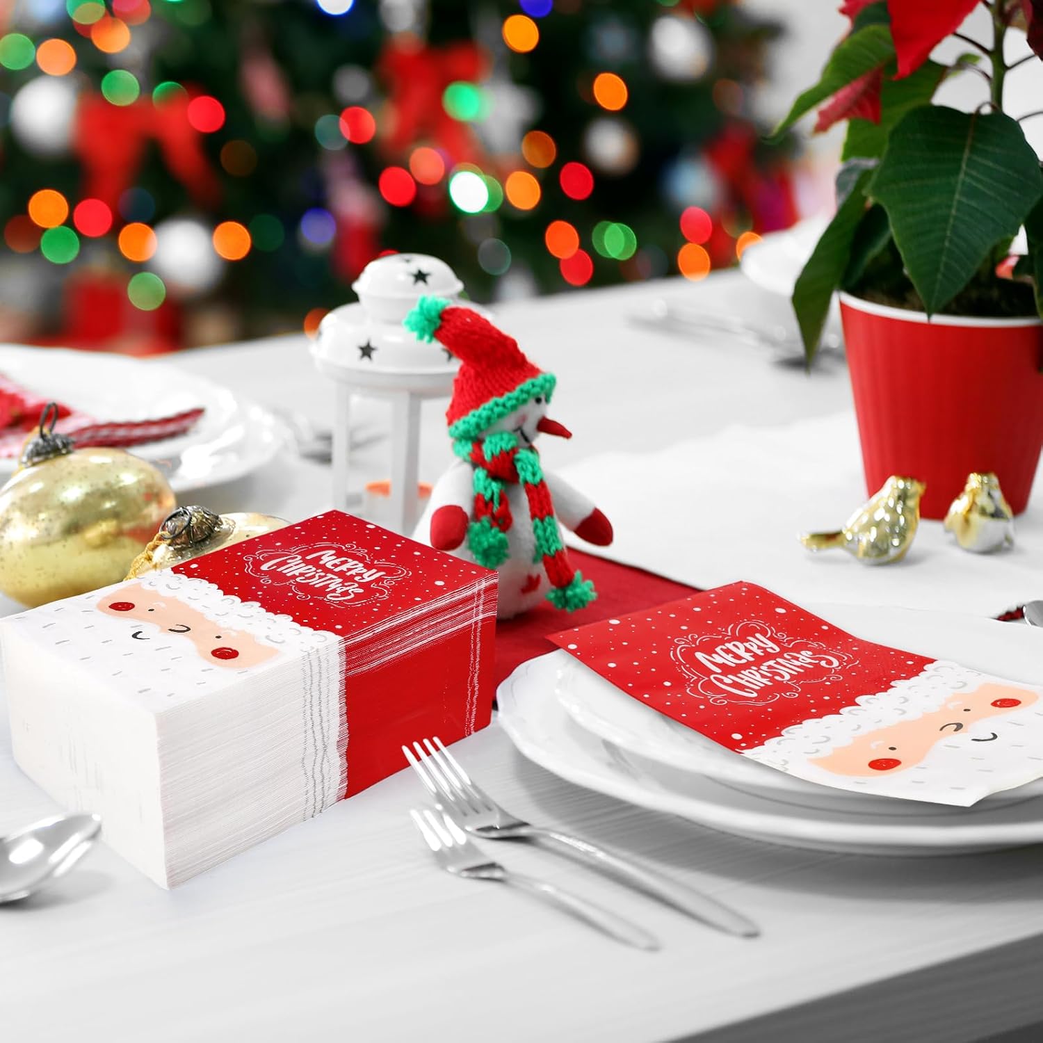 100 Pack Merry Christmas Guest Napkins Cute Santa Claus Disposable Paper Napkins Red White Decorative Bathroom Hand Napkin Towel For Xmas Party Supplies, 13 X 15.7 Inch