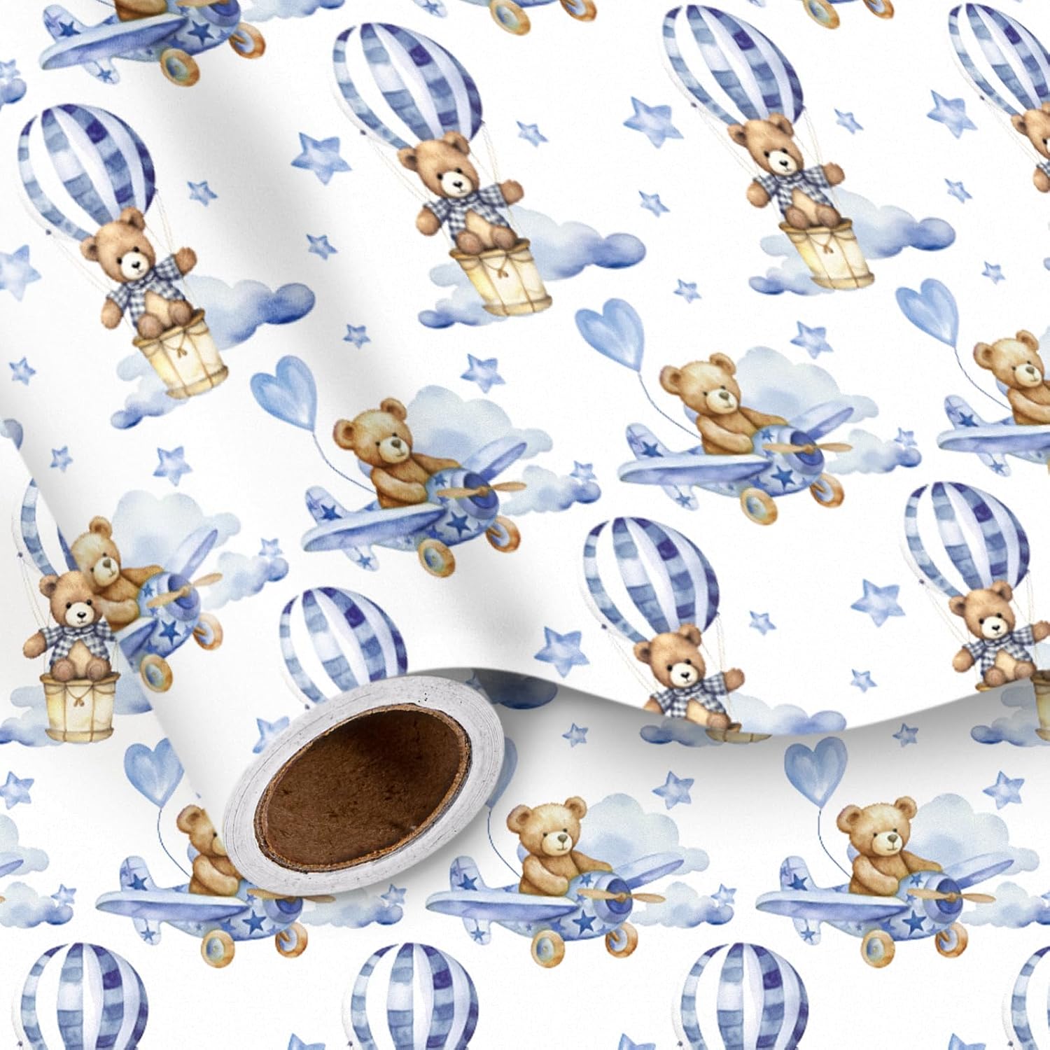 Baby Bear Wrapping Paper Roll, Blue Teddy Bear In Hot Air Balloon Design For Baby Boy Birthday, Baby Shower, Mini Roll, 17 Inches X 9.8 Feet