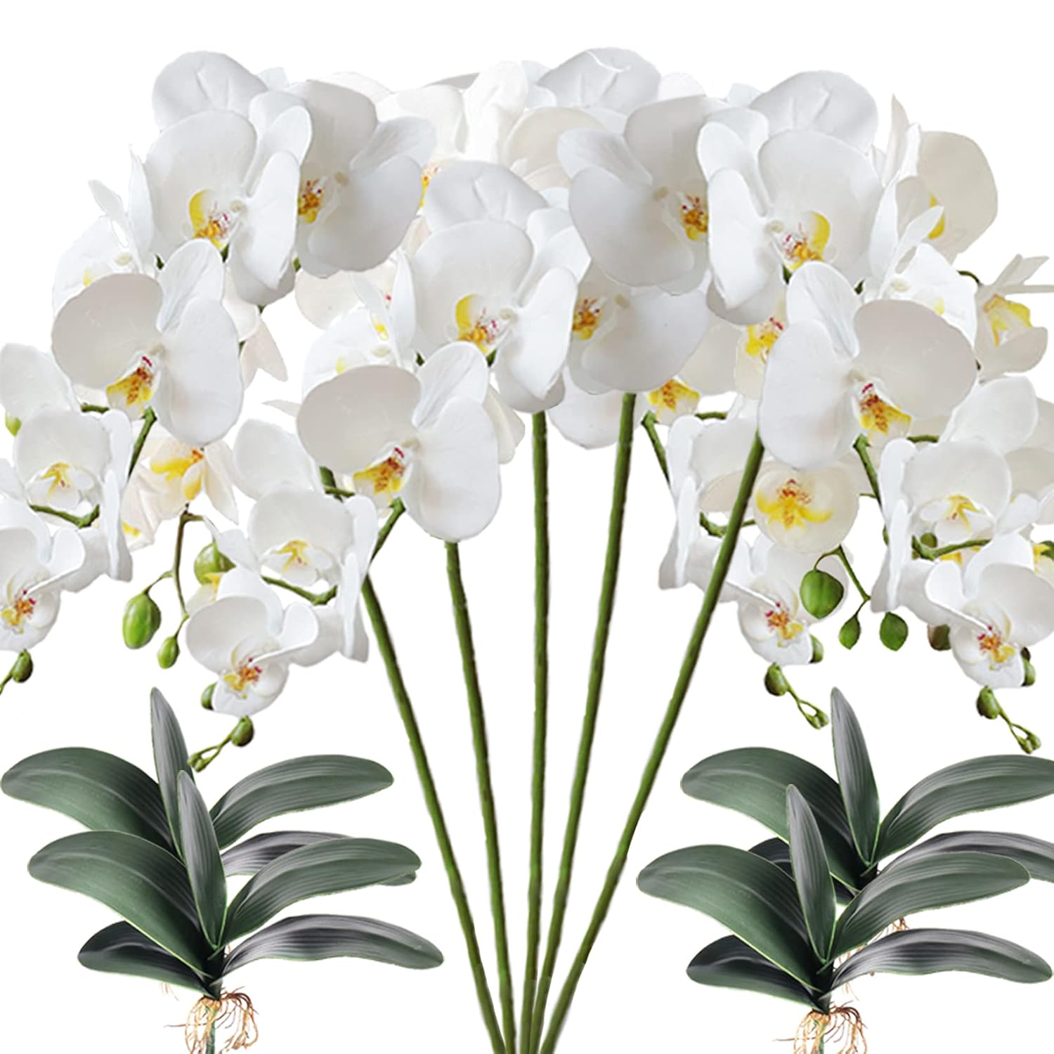 5 Pcs Artificial Phalaenopsis Flowers And 4 Bundles Leaves,Artificial Orchid Flowers With 4 Bundles Leaves Stem Plants For Home Wedding Decoration