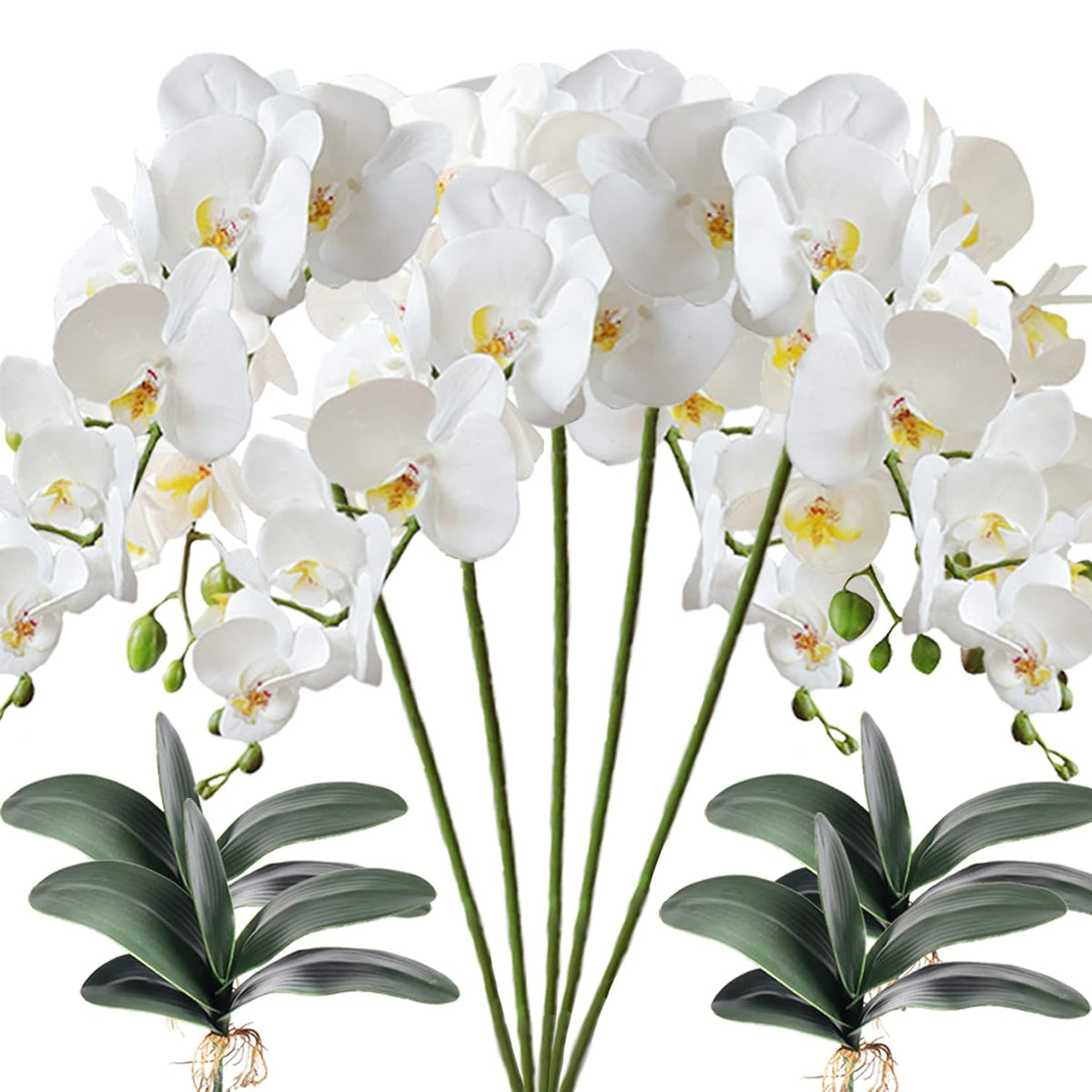 5 Pcs Artificial Phalaenopsis Flowers And 4 Bundles Leaves,Artificial Orchid Flowers With 4 Bundles Leaves Stem Plants For Home Wedding Decoration