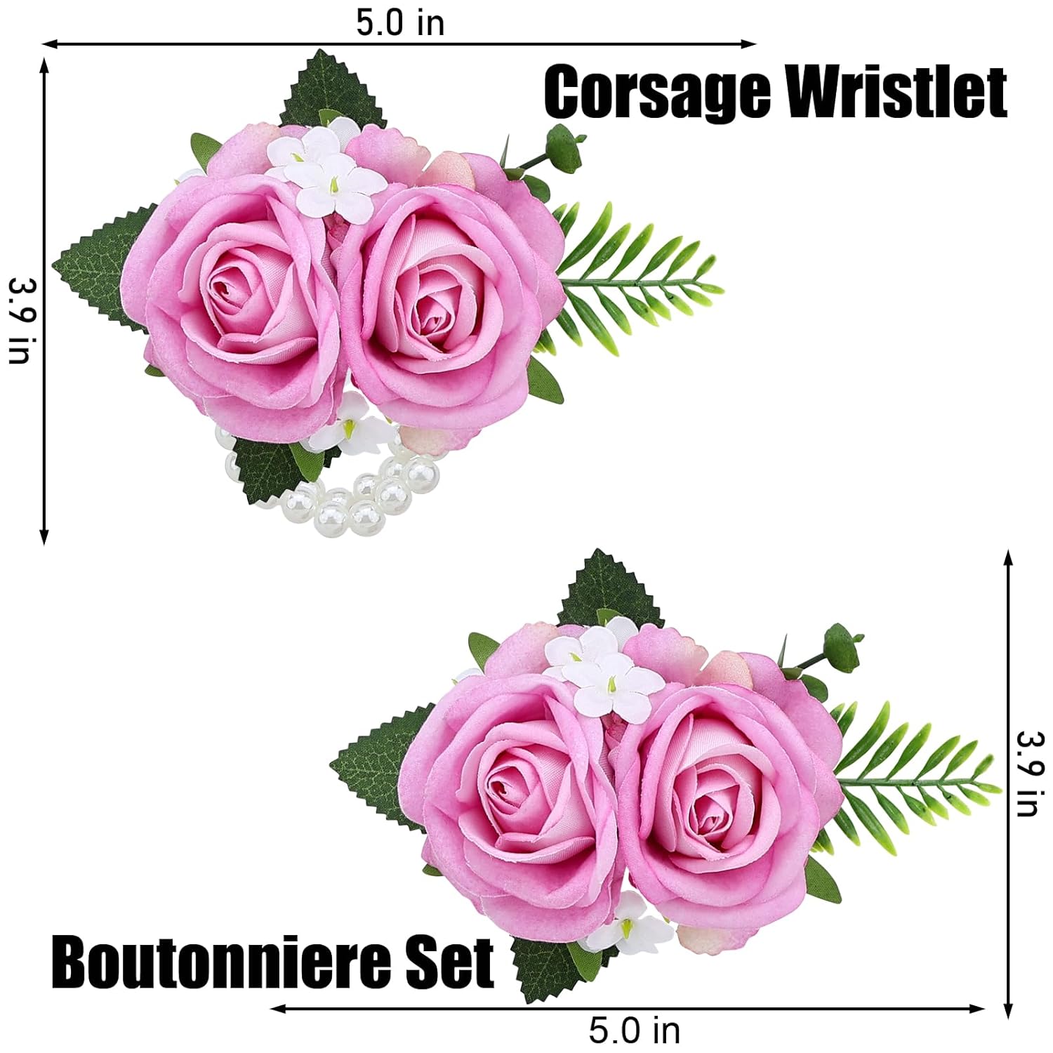 2Pcs Pink Rose Wrist Corsage Wristlet Band And Men Boutonniere Set, For Wedding Anniversary Ceremony Artificial Flowers Accessories Prom Party Suit Decorations