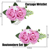 2Pcs Pink Rose Wrist Corsage Wristlet Band And Men Boutonniere Set, For Wedding Anniversary Ceremony Artificial Flowers Accessories Prom Party Suit Decorations