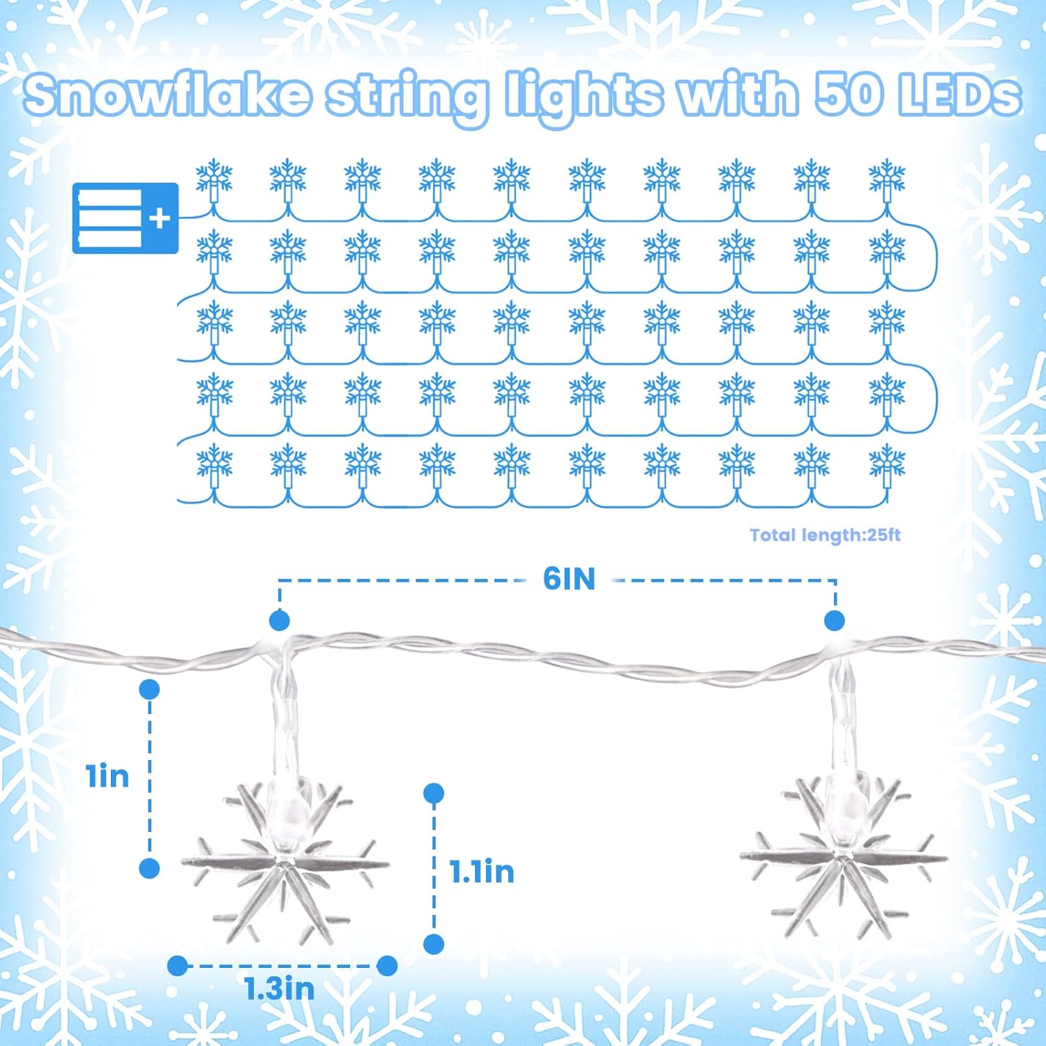 2 Pack Blue Snowflake Fairy String Lights, Snowflake Christmas Lights Battery Operated For Bedroom Waterproof 50Ft 100Le