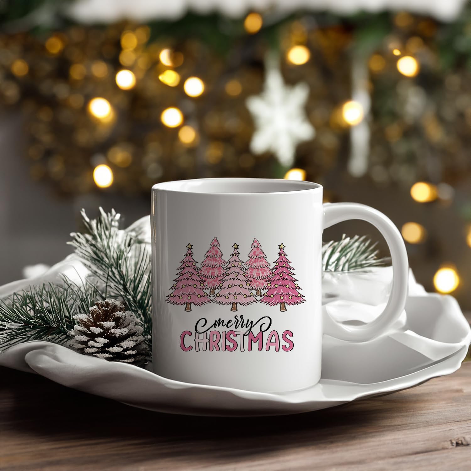 Merry Christmas Cute Pink Coffee Mugs, Christmas Tree Winter Ceramic Coffee Mug, Christmas Holiday Drinking Party Mugs For Coffee Tea Hot Coco Lattes, 11Oz Ceramic Cup White