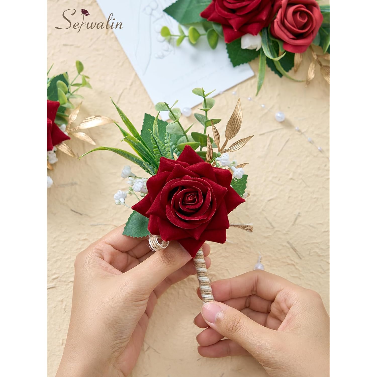 Red Rose Corsage And Boutonniere Set, Boutonniere For Men And Wrist Corsage Wristlet Prom Homecoming Wedding Flowers Accessories Party Suit Decorations (Red)