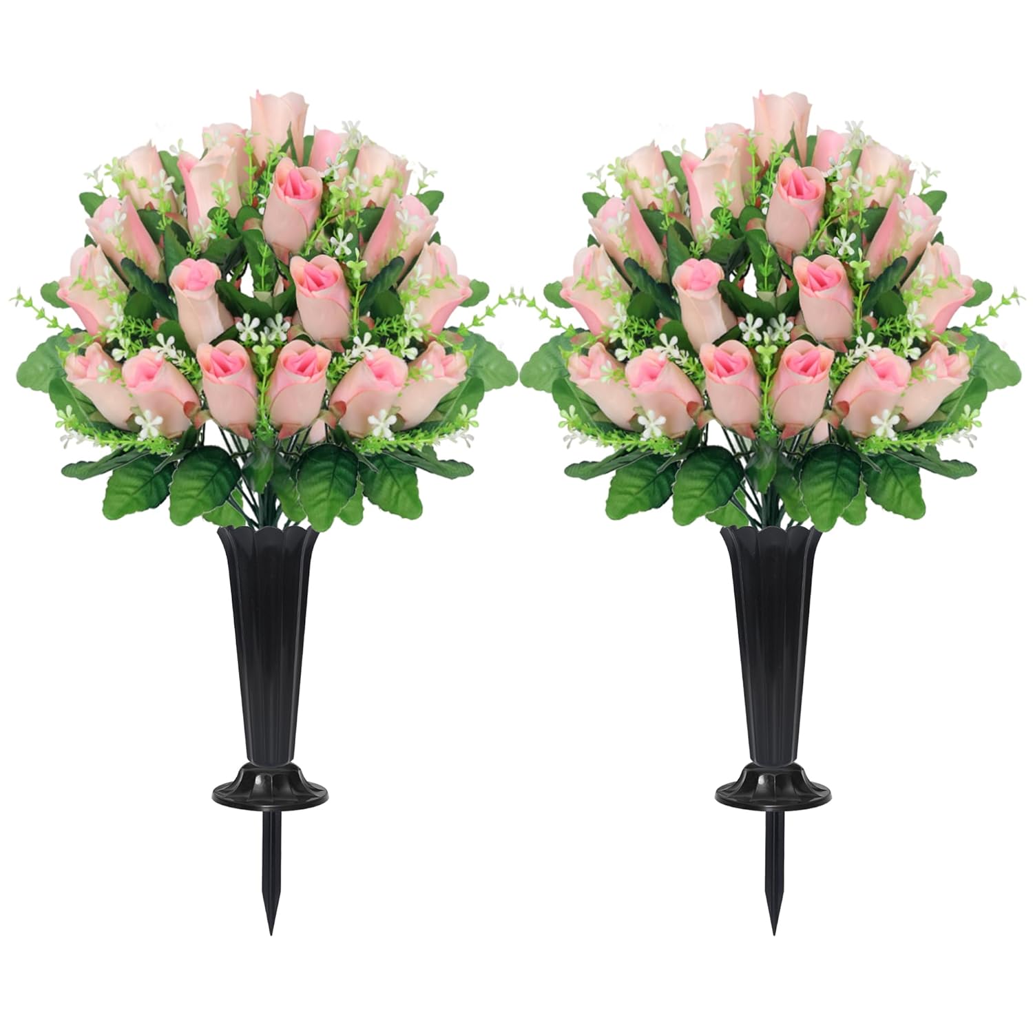 Cemetery Flowers For Grave,2 Sets Grave Rose Flowers Bouquets With Vases For Cemetery Grave Decorations Uv Resistant Non-Fading Easy Fit (Pink)