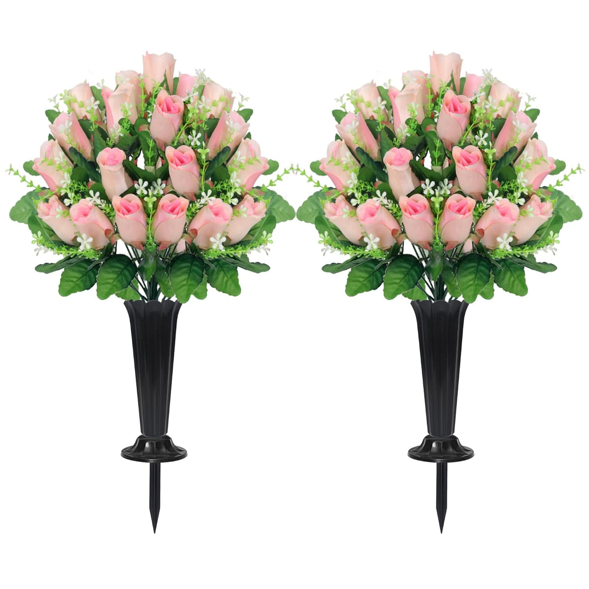 Cemetery Flowers For Grave,2 Sets Grave Rose Flowers Bouquets With Vases For Cemetery Grave Decorations Uv Resistant Non-Fading Easy Fit (Pink)