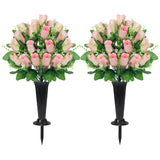 Cemetery Flowers For Grave,2 Sets Grave Rose Flowers Bouquets With Vases For Cemetery Grave Decorations Uv Resistant Non-Fading Easy Fit (Pink)