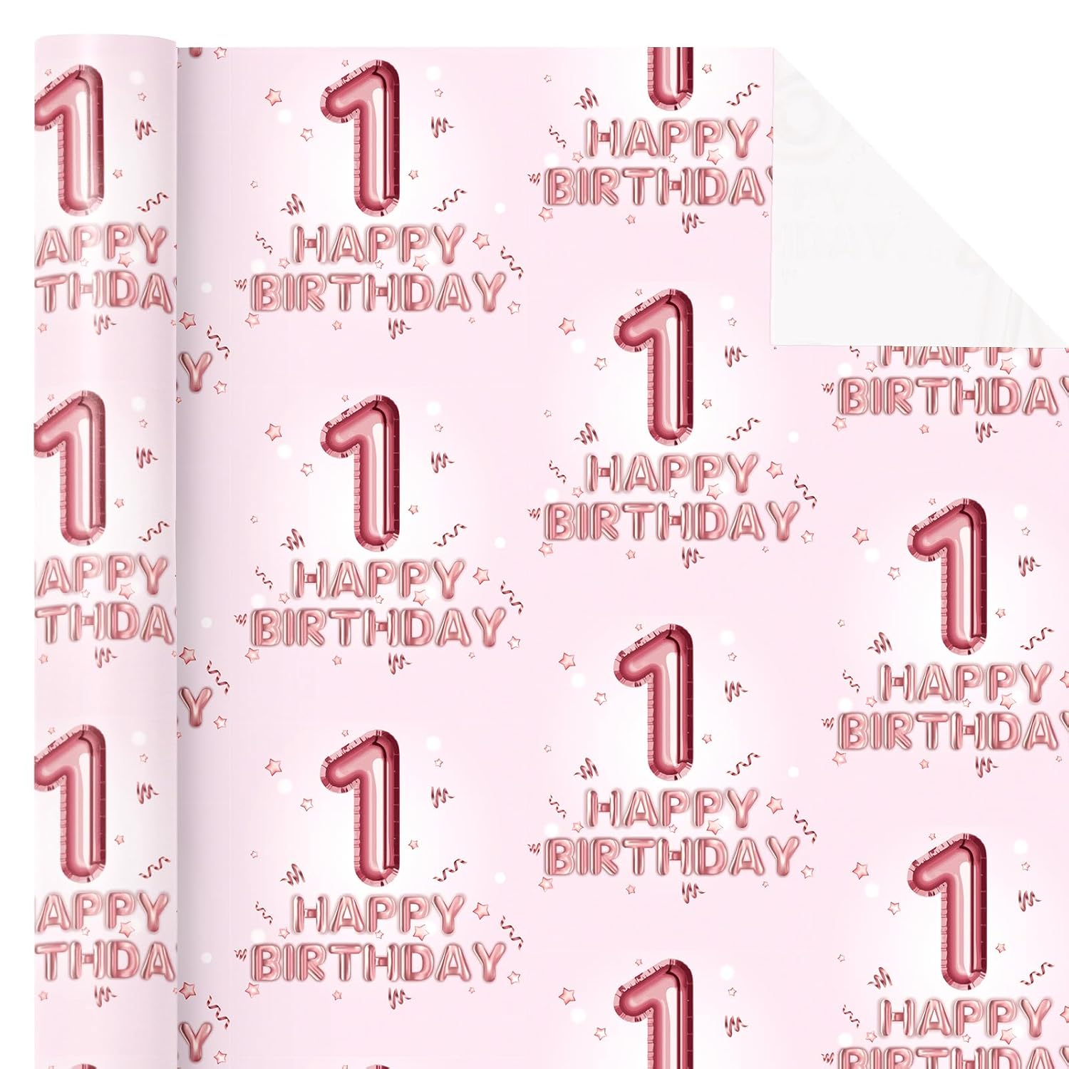 Girl 1St Birthday Wrapping Paper - Mini Roll - 17 Inch X 16.5 Feet - Happy Birthday Wrapping Paper Perfect For Kids Girls, Baby Shower