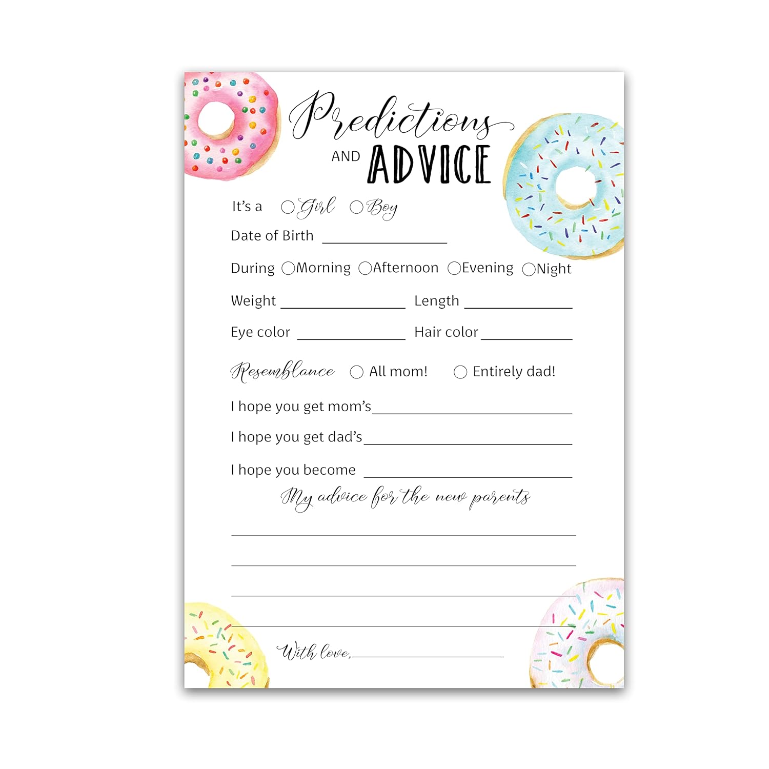 Donut Prediction And Advice Cards - Pack Of 25 - Doughnut Baby Shower Games, Pink Blue Game, New Parents, Mom & Dad To Be, Mommy & Daddy Message, Couples Coed Shower Activity Keepsake Book G850-Pdav