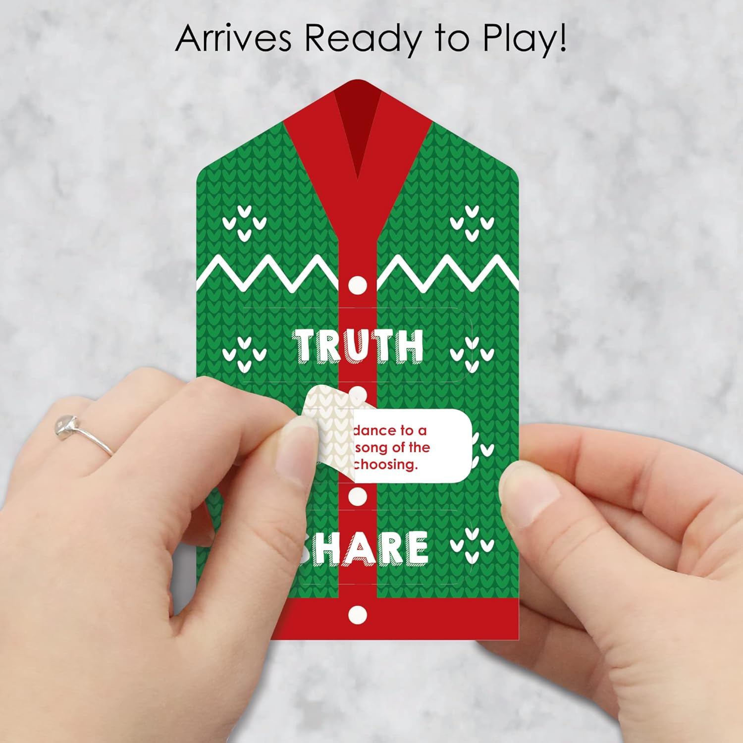 Big Dot of Happiness Ugly Sweater - Holiday and Christmas Party Game Pickle Cards - Truth, Dare, Share Pull Tabs - Set of 12