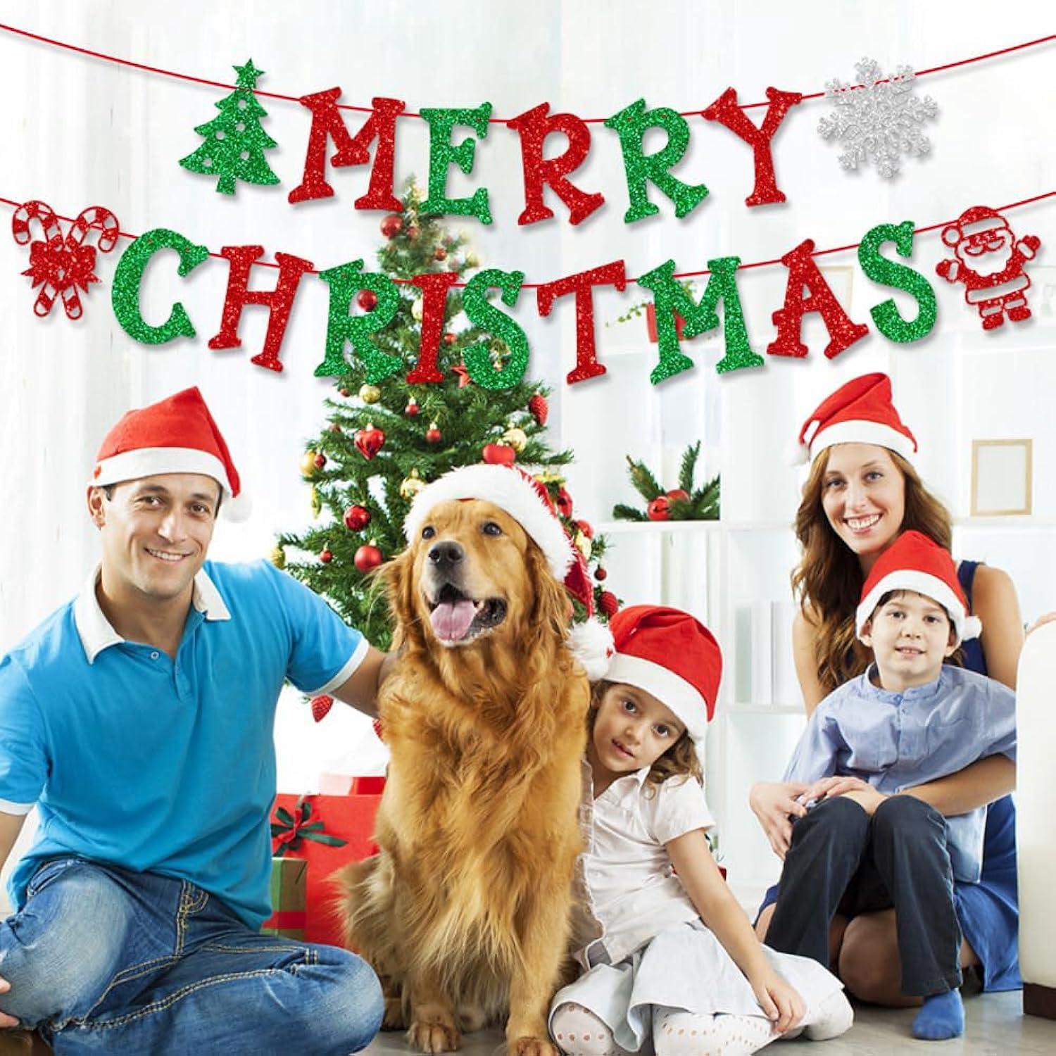 Merry Christmas Banner Red & Green Glitter Christmas Garland For Home Office Party Fireplace Mantel Decorations