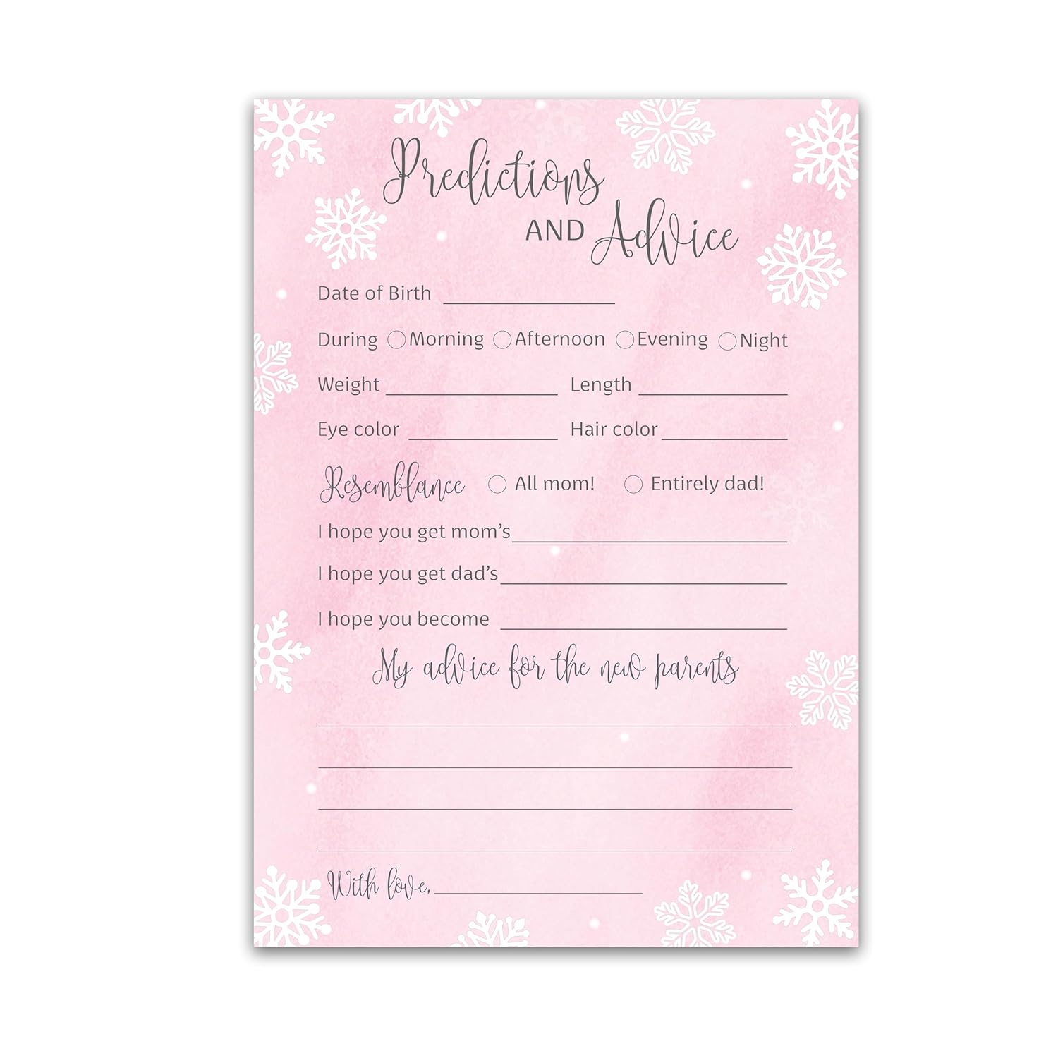 Snowflakes Prediction And Advice Cards - Pack Of 25 - Winter Wonderland Pink Girl Baby Shower Game, Wishes For Mommy & Daddy Message Baby It’S Cold Outside Activity Keepsake Frost Holiday G780-Pdav