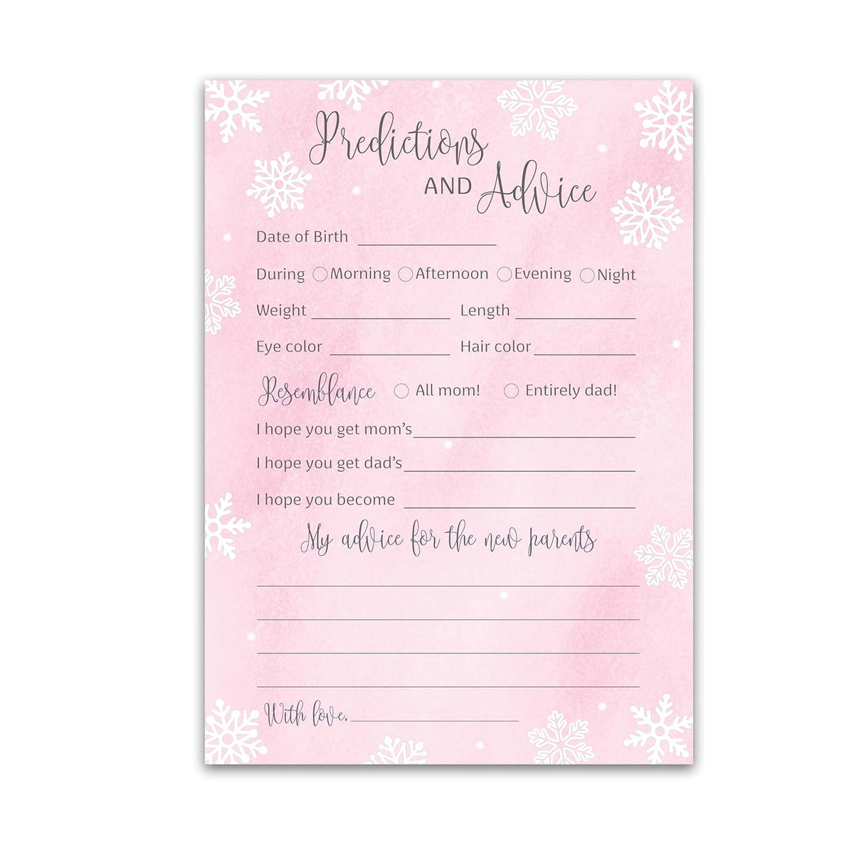 Snowflakes Prediction And Advice Cards - Pack Of 25 - Winter Wonderland Pink Girl Baby Shower Game, Wishes For Mommy & Daddy Message Baby It’S Cold Outside Activity Keepsake Frost Holiday G780-Pdav