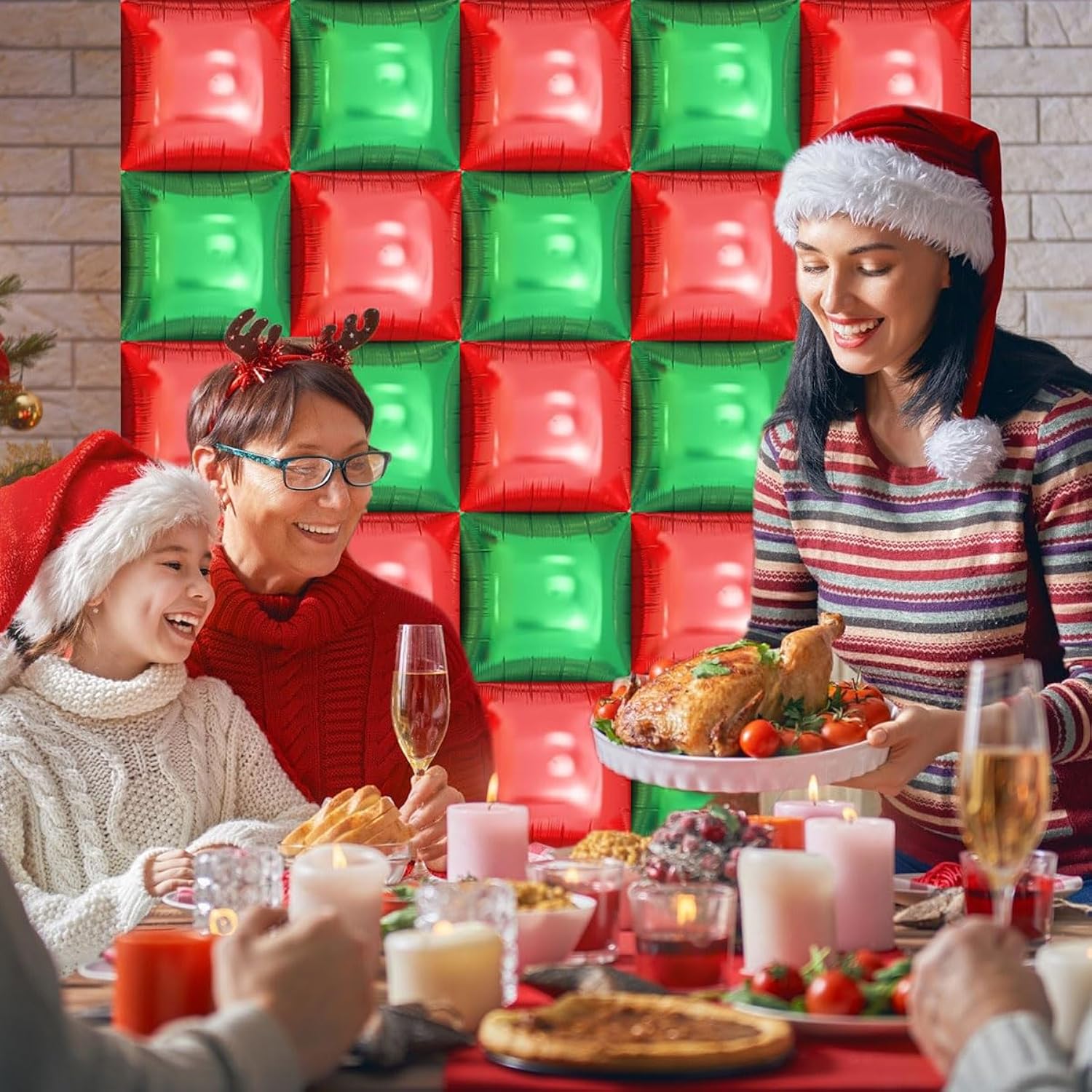 Metallic Red And Green Square Foil Balloons Wall - 19 Inches Square Balloons Tunnel Arch Garland Kit For Christmas Party Decorations, Birthday Balloon Party Decorations