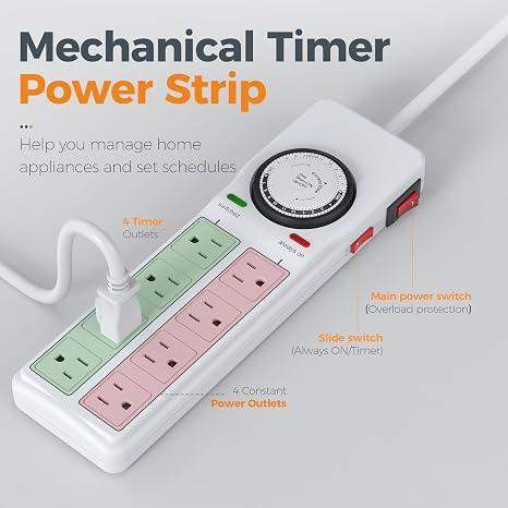 Timer Surge Protector Power Strip with Switch for Aquarium Lights