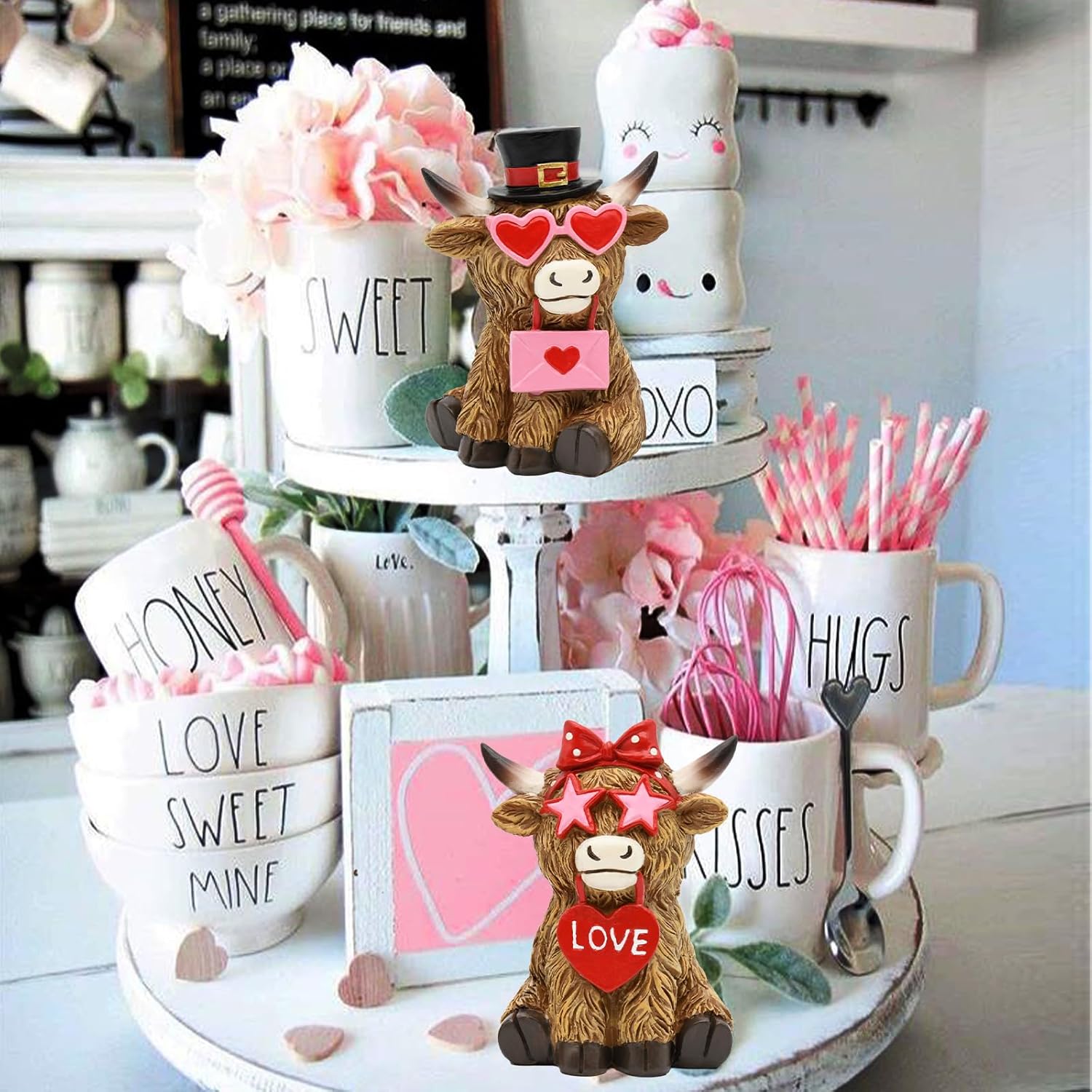 Valentine'S Day Highland Cow Decor, Valentine'S Day Love Heart Highland Cow Figurines, Valentines Farmhouse Table Kitchen Tiered Tray Decorations For Home, Romantic Gifts Valentines