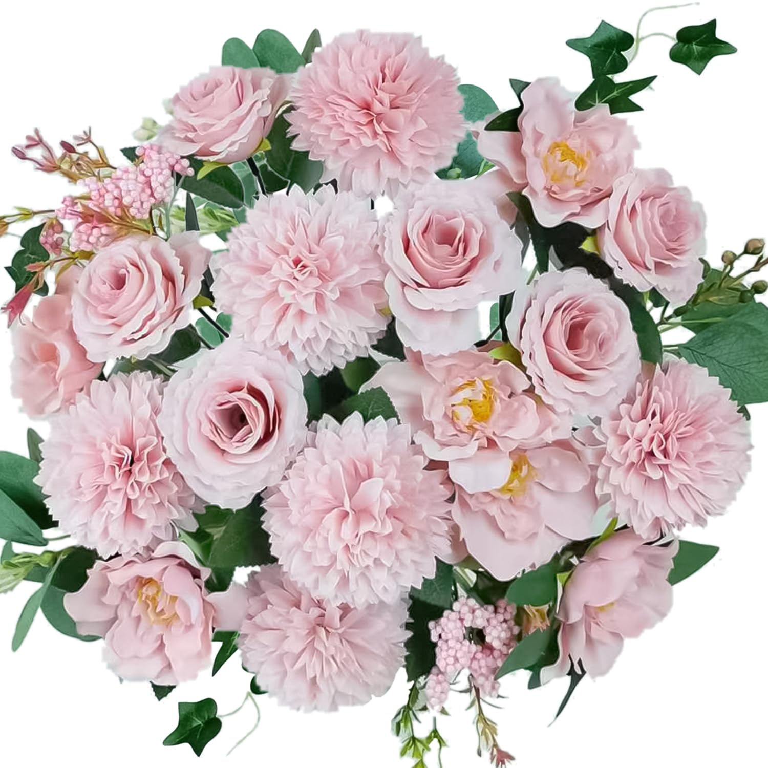 Premium Pink Silk Flower Bouquets, Artificial Chrysanthemums, Fake Flowers Roses Peonies Decoration, Pink Faux Floral Arrangements For Wedding Home Decor Table Centerpieces