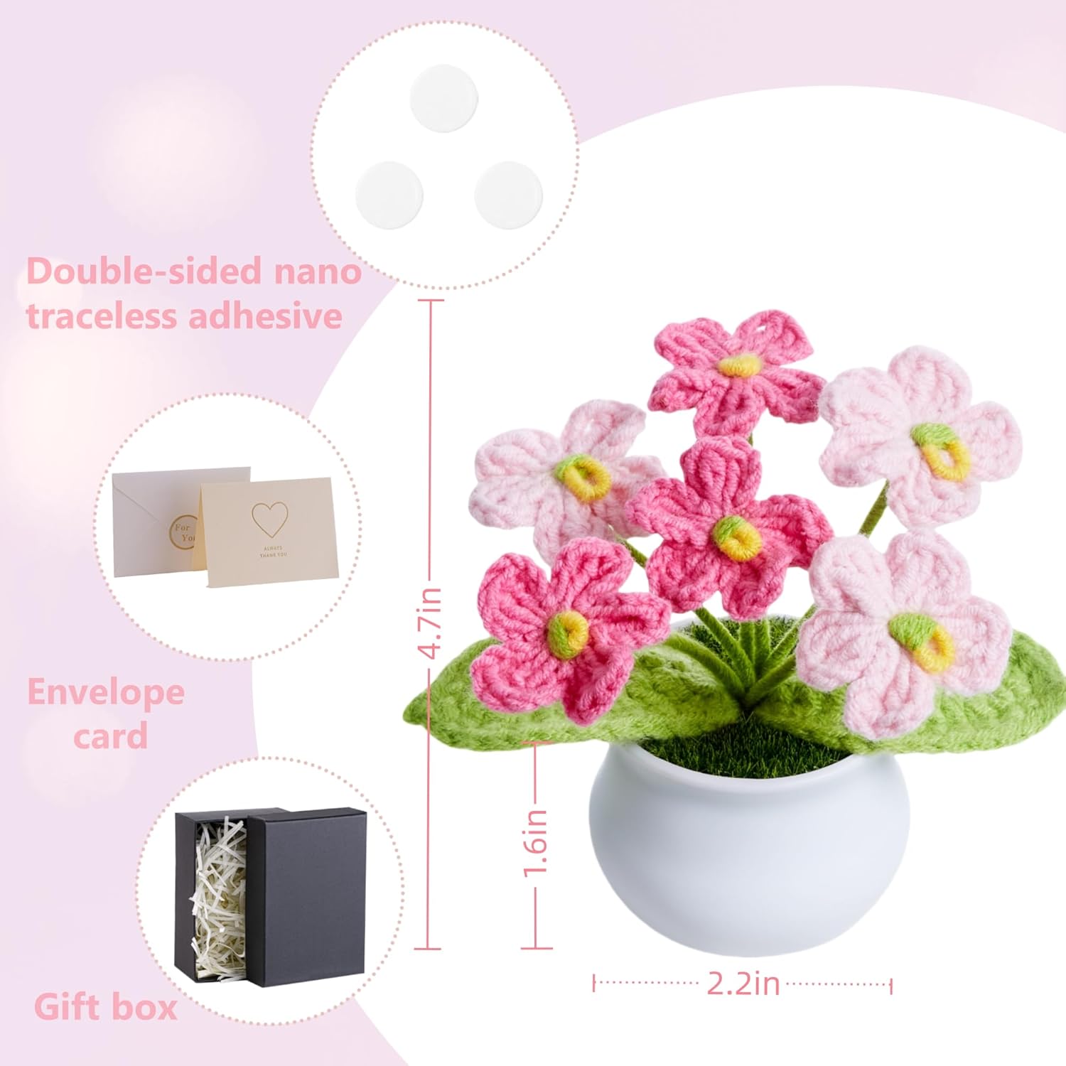 Crochet Flowers Pink Handmade Knitted Potted Flower For Mom, Valentines Gifts For Women Teacher Coworkers Friend Galentines Day Gift, Cute Desk Home Room Office Plants Accessories Decor