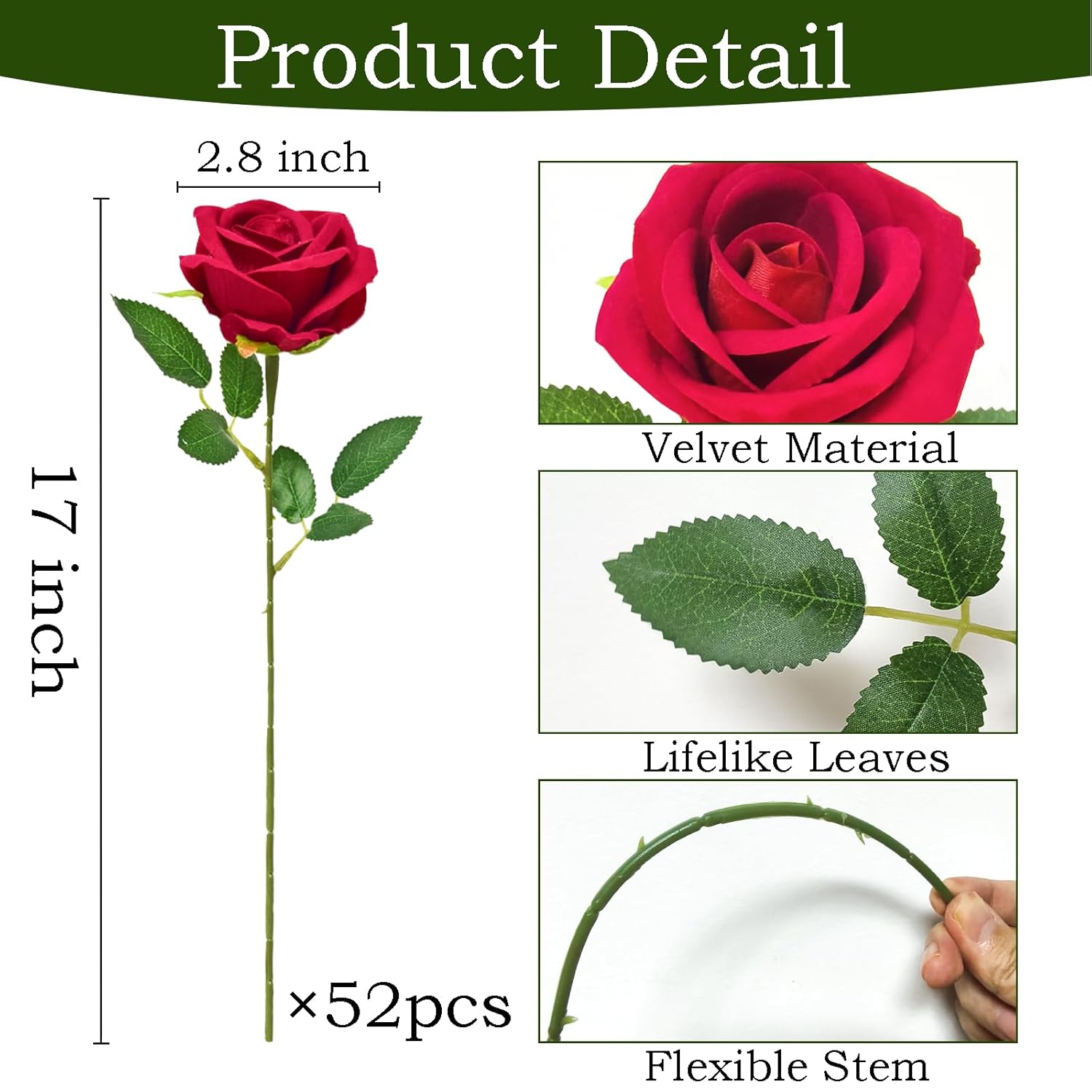 52Pcs Red Roses Artificial Flowers With Stems?Fake Roses Bouquet Fake Flowers Bulk?Silk Velvet Roses For Wedding Centerpieces Arrangement Baby Shower Birthday Home Decor Gifts