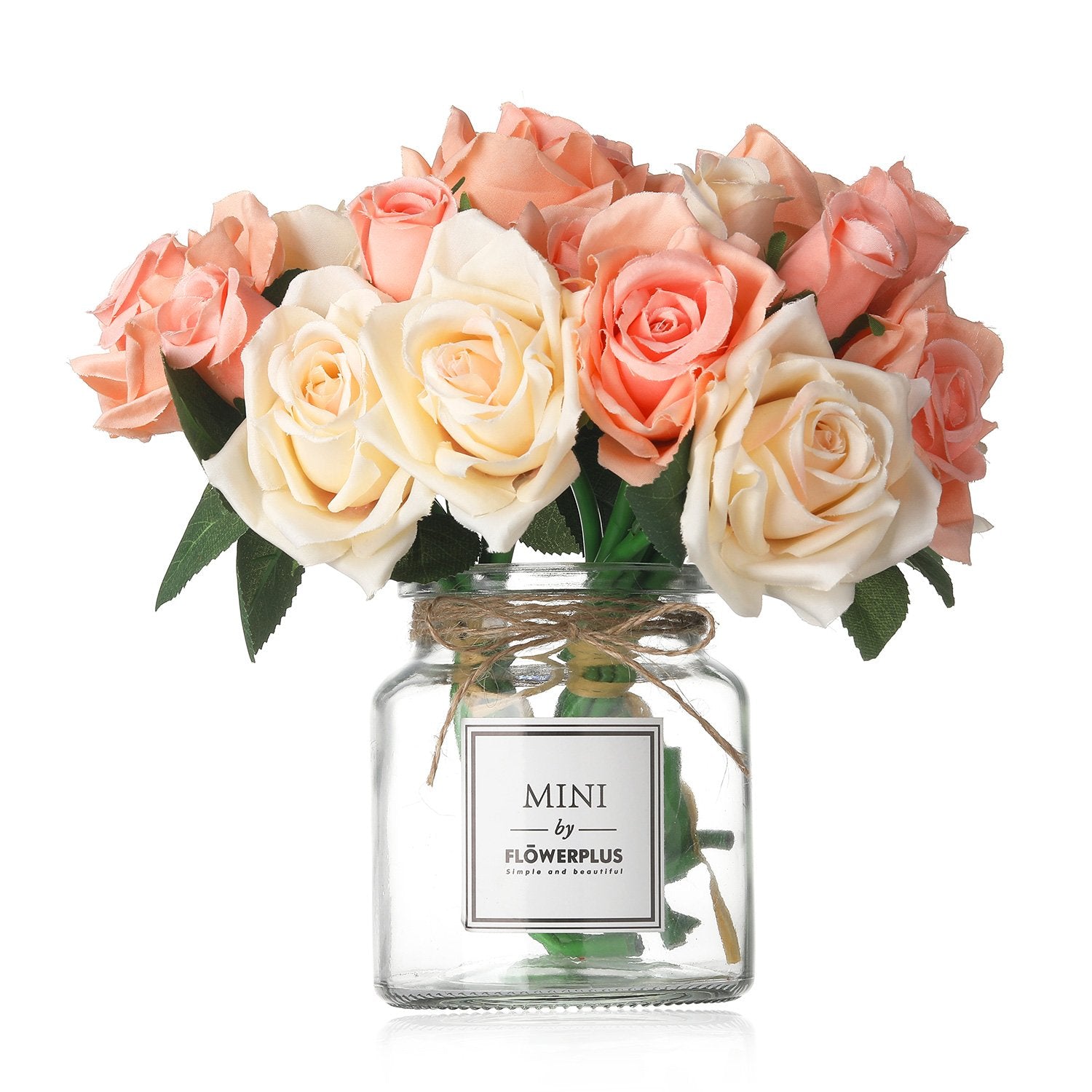 Artificial Rose Flowers With Vase,Fake Silk Champagne Bouquet With Glass Jar Home Rope For Wedding Proposal Bride Home Decoration And The Best Gift, Champagne
