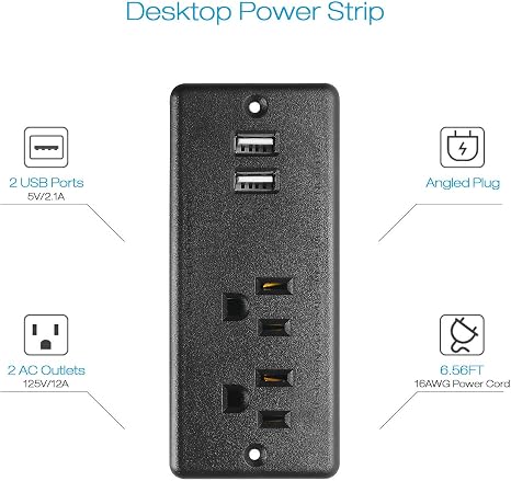 Recessed Furniture Power Strip USB A 6FT Flush Mount Flat Plug Black