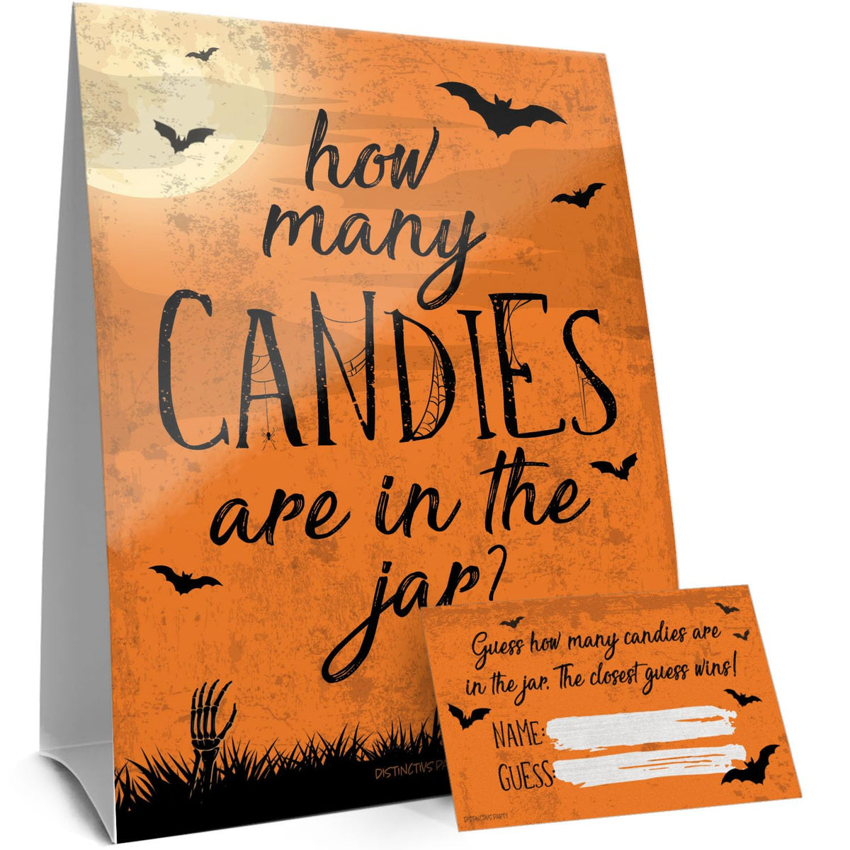 Halloween Party Game - Guess How Many Candies Are In The Jar Party Activity (1 Sign & 30 Guessing Cards)