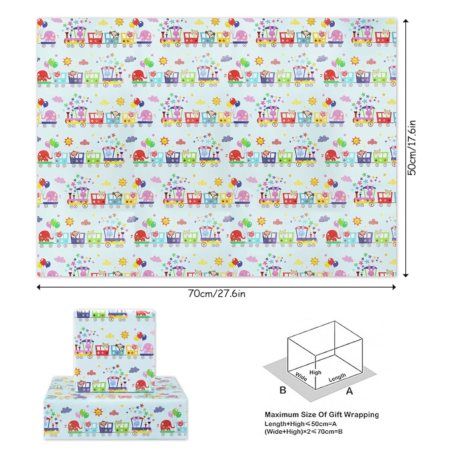 Colorul Cute Animal Party Choo Choo Train With Flower Sunshine Clouds And Happy Balloons Gift Wrapping Paper For Birthday Holiday Christmas- (28"X20" Per Sheet, Foled Flat 4-Sheets, 1-Designs: 15 Sq.