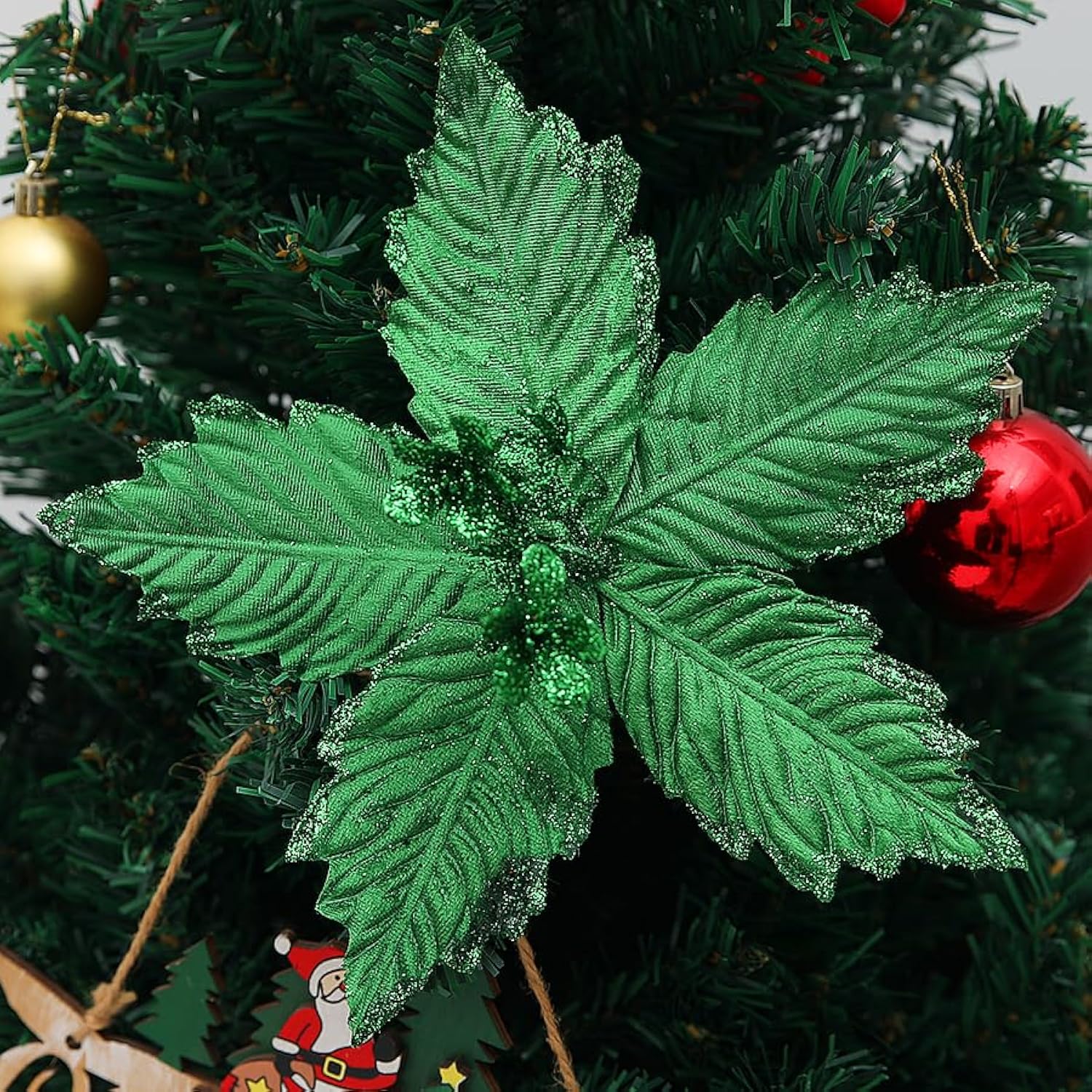 12 Pcs Glitter Green Christmas Flower For Party 10.23Inch Artificial Christmas Poinsettia Flowers With Stems Christmas Tree Green Flower Ornaments For Xmas Tree Wreath Floral Holidaydecorations