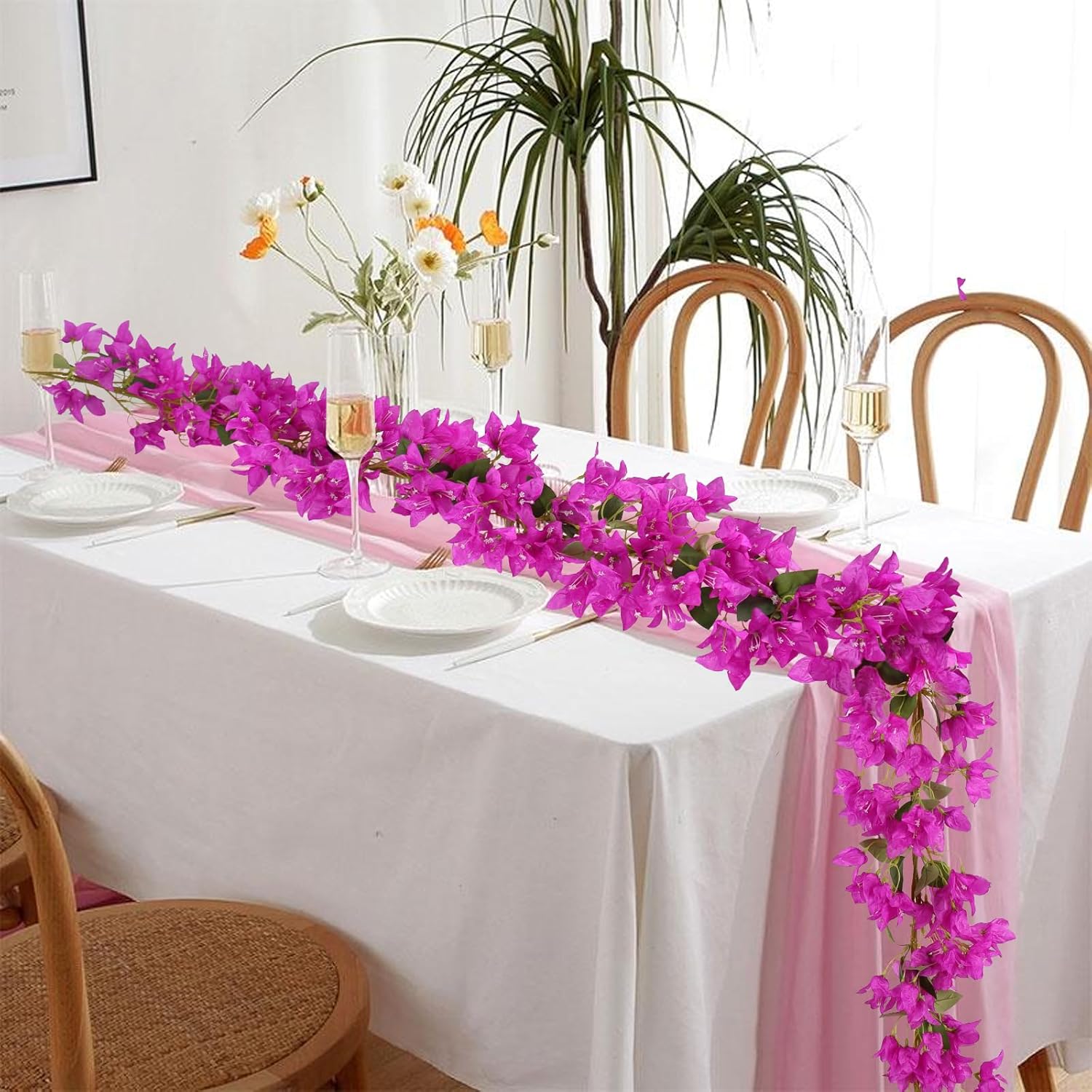 Bougainvillea Garland Artificial Flowers Vines 2Pcs 5.6Ft/Piece Fake Silk Bougainvillea Wreaths Outdoors Faux Plants Decor For Centerpieces Table Runner Wedding Arch Wall Decorations (Purple)