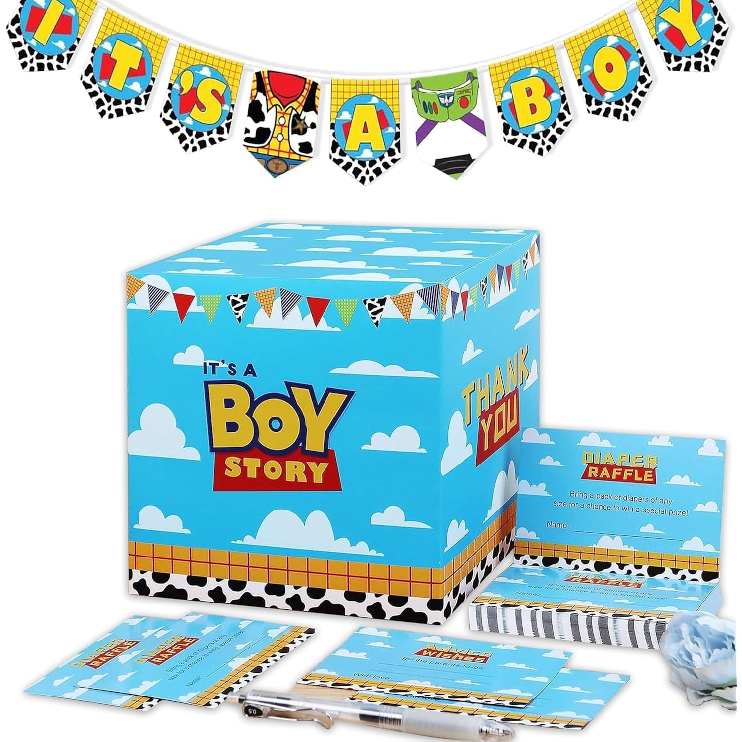 Cartoon Toy “It’S A Boy” Baby Shower Diaper Raffle Box With 50 Tickets & Cards – Toy?Inspired Party Game Decoration Supplies