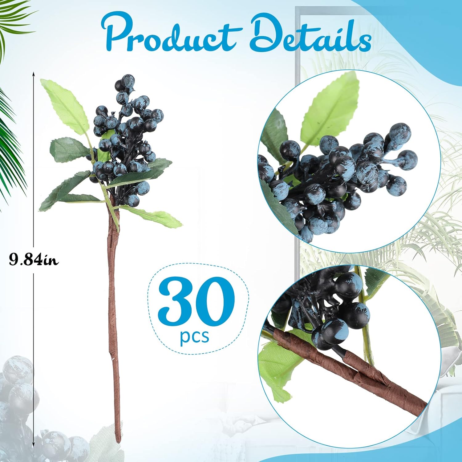 30 Pcs Artificial Blue Berry Stems Bulk, 9.8 Inch Faux Berry Picks With Green Leaves, Fake Short Branch Fruit Flower For Tree Garland Home Wedding Diy Party Decoration(Blue)