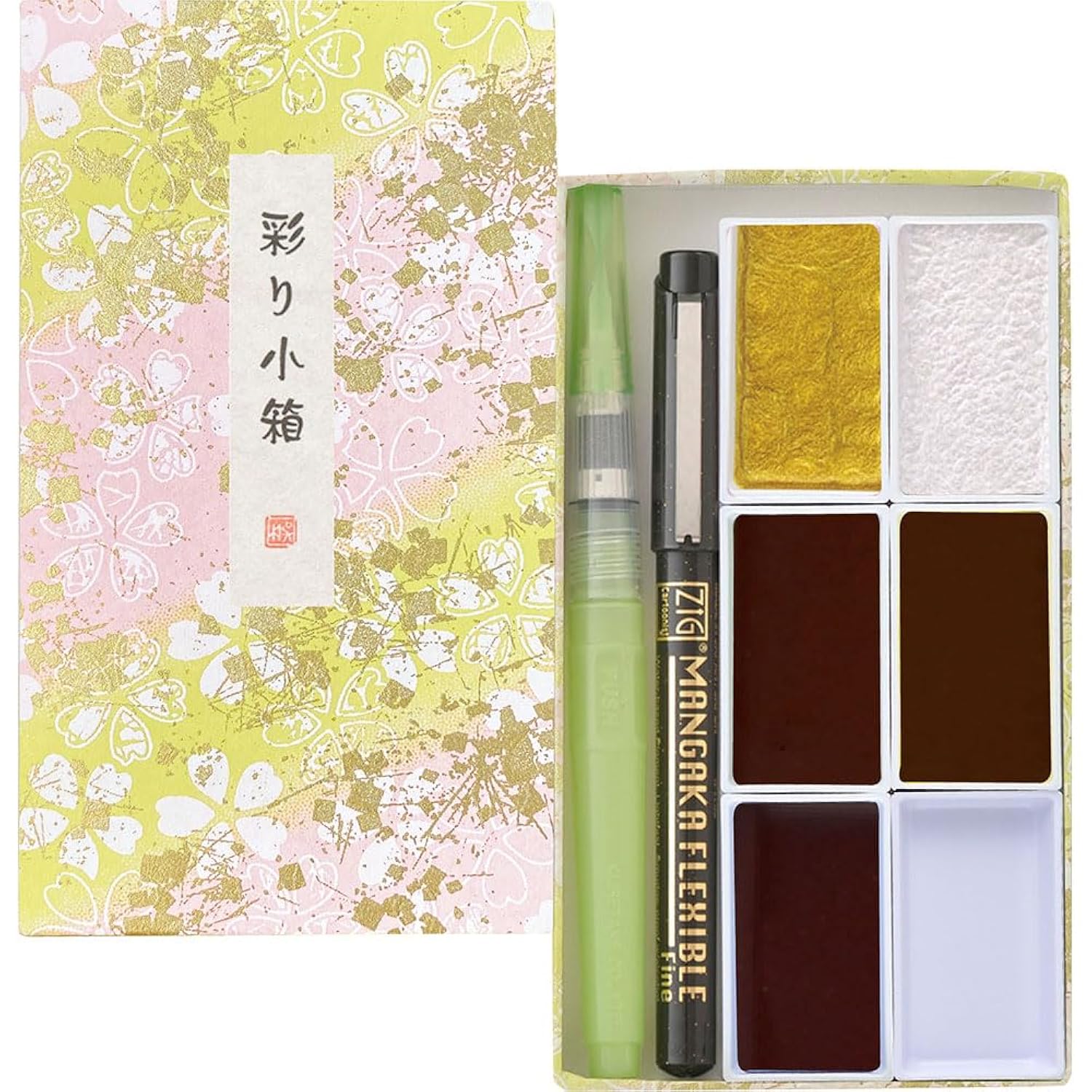Gansai Tambi Irodori Kobako?Sakura Pattern?-Limited Edition, 5 Color Watercolor Set With Water Brush Pen & Black Pen, Granurating And Metalic, Made In Japan, Mc23-13A