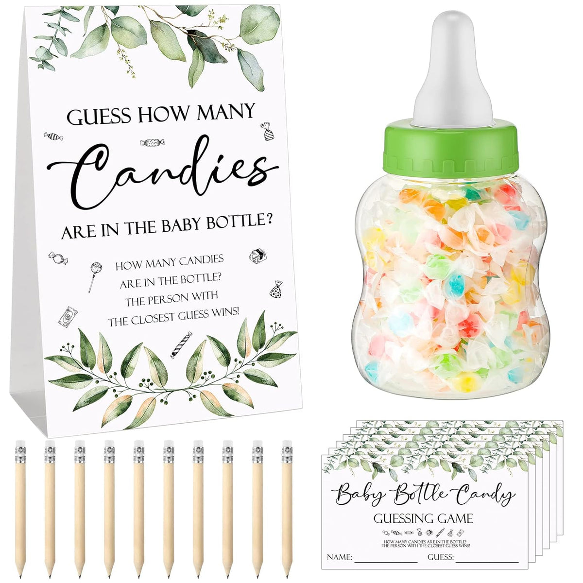 62 Pcs Baby Shower Games Guess How Many Candies Are In The Jar Sign 50 Small Guessing Games 10 Hb Pencils And 1000 Ml Milk Bottle For Baby Shower Gender Reveal Party(Fresh Color,Plant)