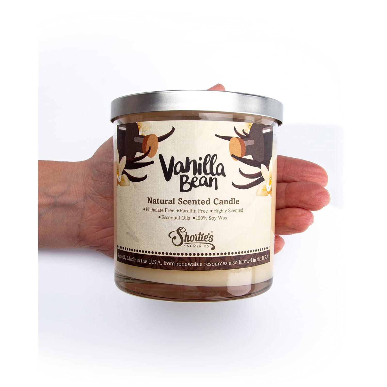 Vanilla Bean Scented Natural Soy Candle, Essential Fragrance Oils, 100% Soy, Phthalate & Paraben Free, Clean Burning, 9 Oz.
