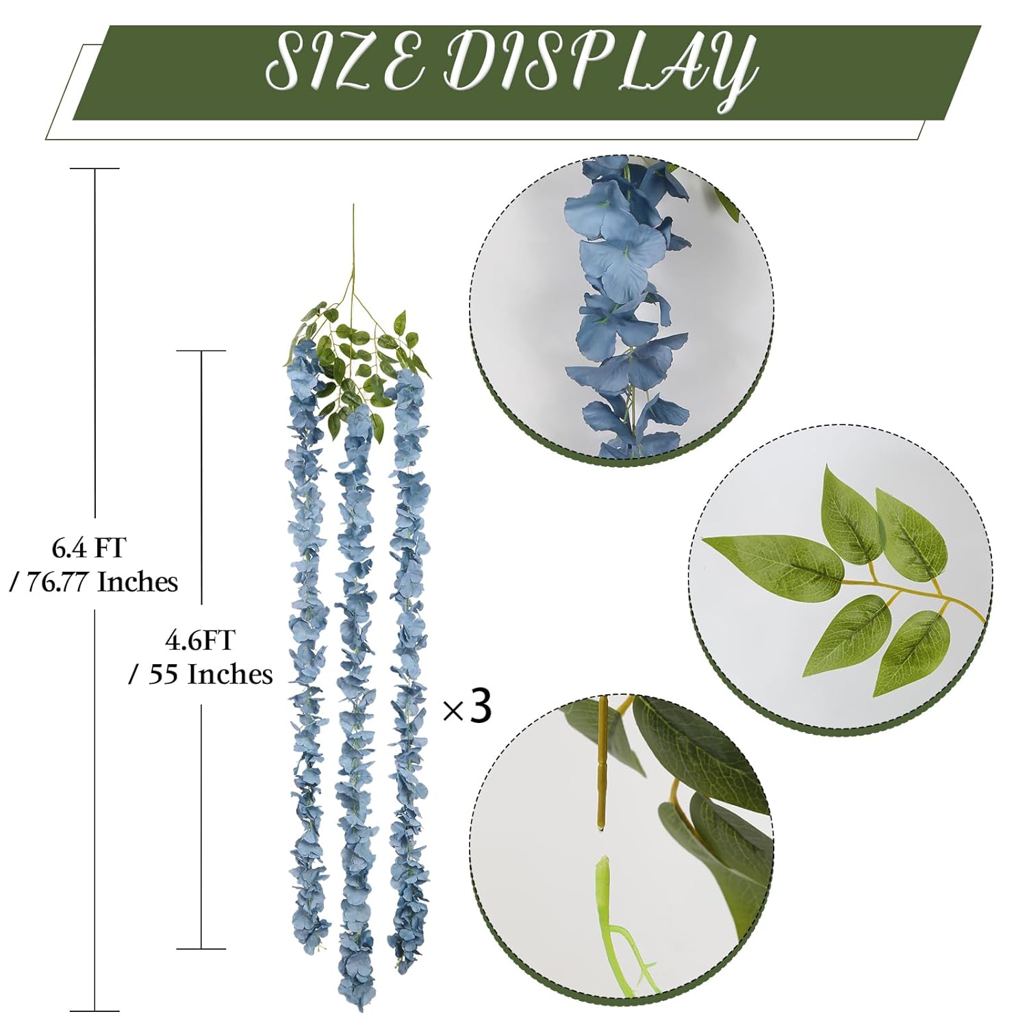 Dusty Blue Wisteria Hanging Flowers Garland 6.4Ft Wisteria Garland Hanging Flowers For Decoration For Wedding Arch, Backdrop, Garden Party Decor, 3 Pcs (Dusty Blue)
