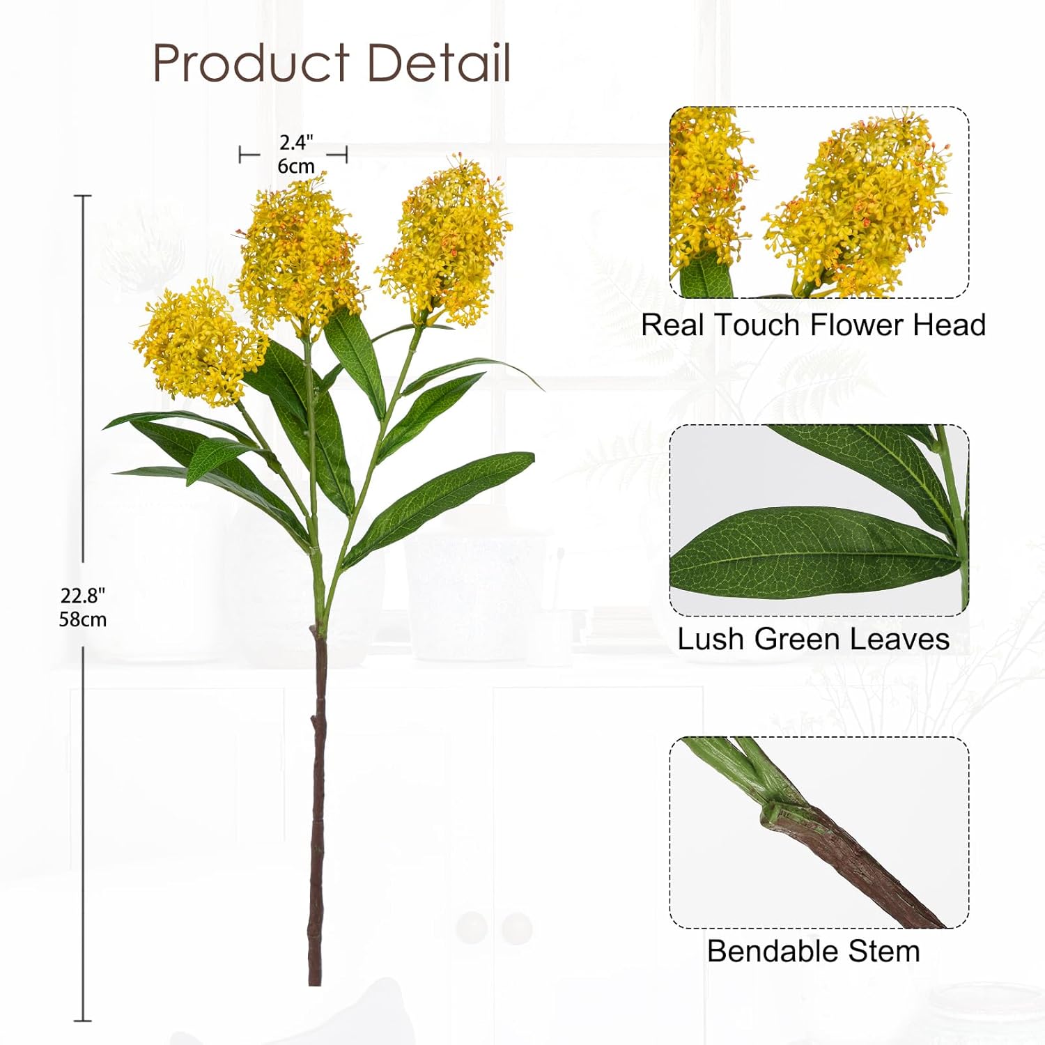 3Pcs Artificial Flowers Faux Skimmia Spray With Leaves 22.8 Inch Long Stem Fake Flowers For Home Vase Table Centerpiece Floral Arrangement Wedding Bouquet (Yellow)