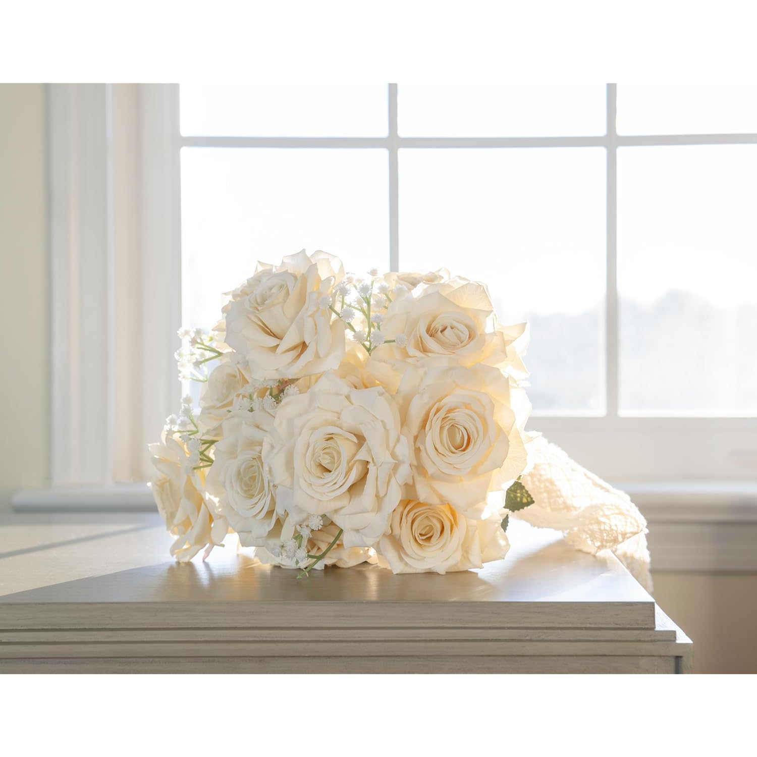 Silk Flowers Box Set Faux Flowers, 14 Heads Long-Stem Real Touch Silk Roses In Two Branches For Home Decor Centerpieces Wedding Decor Bridal Shower Party (Ivory White*)