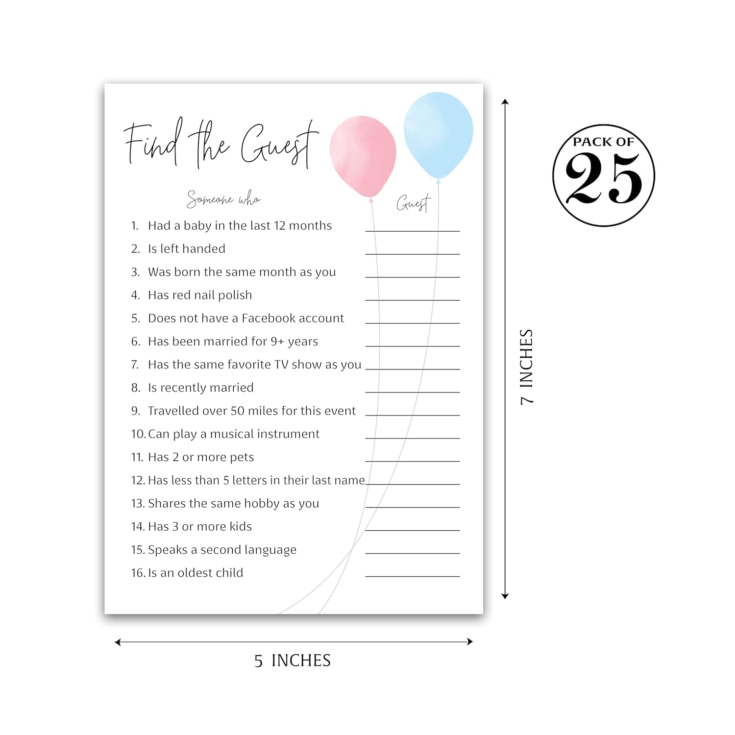 Balloons Gender Reveal — Find The Guest Baby Shower Game — Pack Of 25 — Minimalist Blue Or Pink, Girl Or Boy Games, Icebreaker Party Game, Guess Who Came To The Party, Coed Couples Shower G515-Ftg