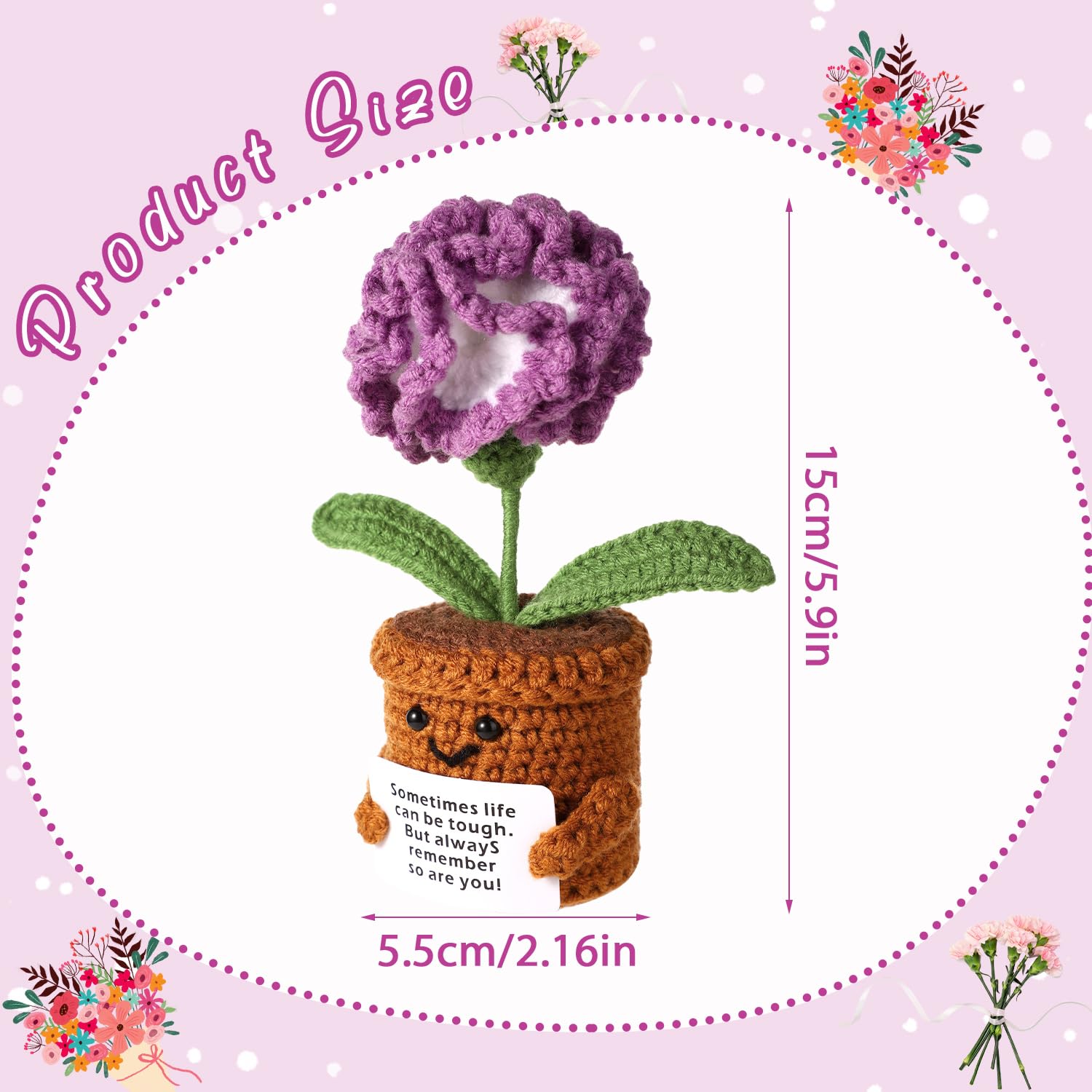 Positive Carnation, Crochet Carnation Flower Positive Flower Plant Crocheted Potted Flower Knitted Carnation Flower For Home Decoration Inspirational Gift(Purple)
