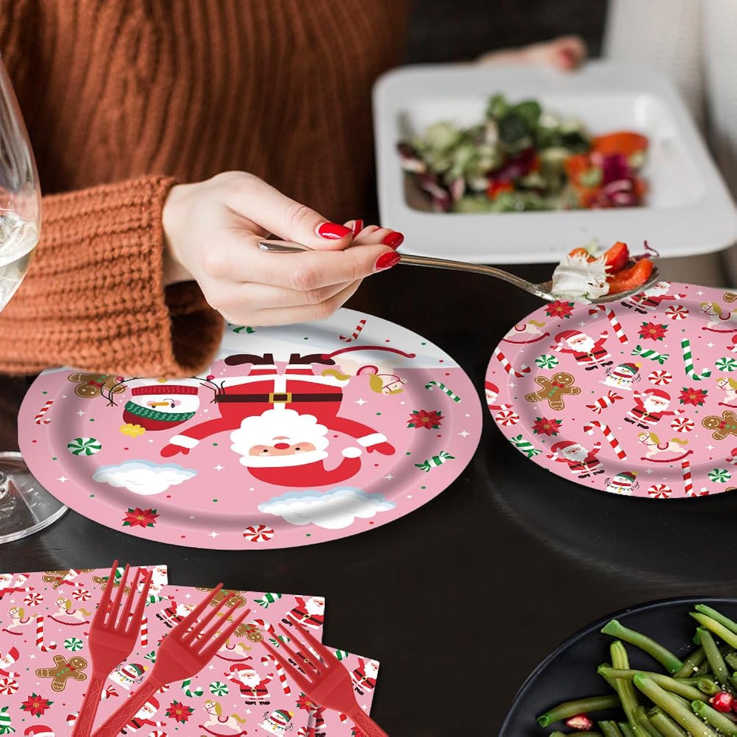Christmas Gingerbread Man Santa Claus Pink Tableware Set 96 Pcs Disposable Plates Napkins Forks Candy Cane Snowman Pattern Santa Merry Christmas Party Decorations Serve 24 Guests