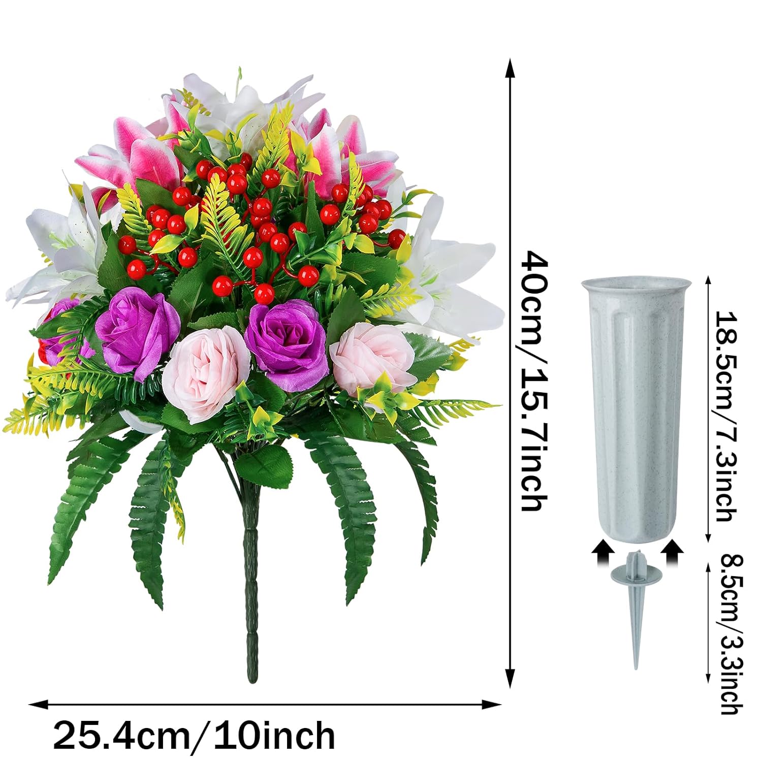 Artificial Cemetery Flowers With Vase, Set Of 2 Artificial Rose Lily Bouquet Grave Memorial Flowers For Cemetery Headstones Gravesites Outdoor Decoration (Purple&Pink)