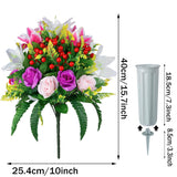 Artificial Cemetery Flowers With Vase, Set Of 2 Artificial Rose Lily Bouquet Grave Memorial Flowers For Cemetery Headstones Gravesites Outdoor Decoration (Purple&Pink)