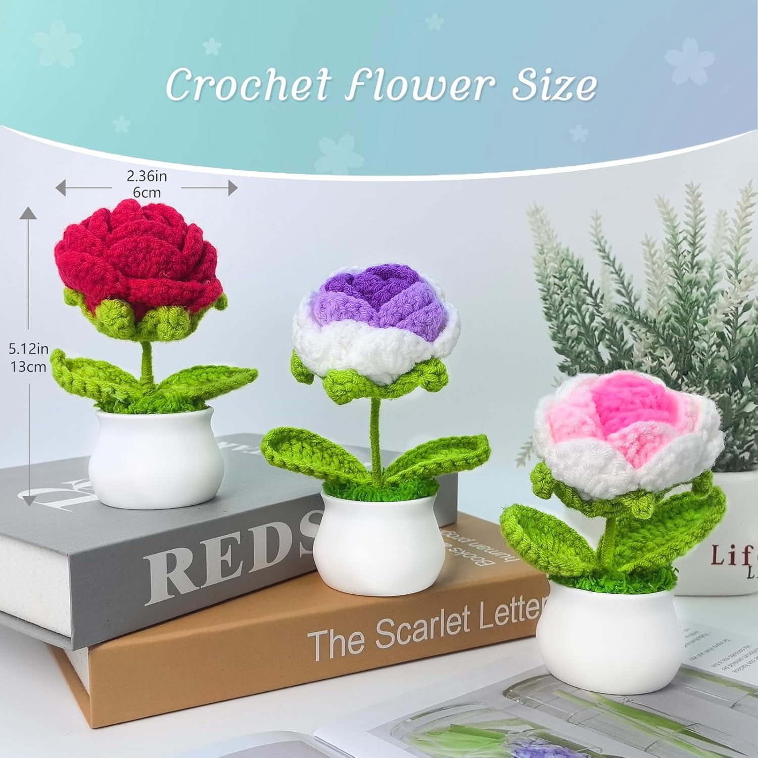 3 Pcs Crochet Flowers Artificial Sunflower Small Potted Plants For Home Desk Car Office Decor Birthday For Mom Teacher Women Friends (Single Head Rose)
