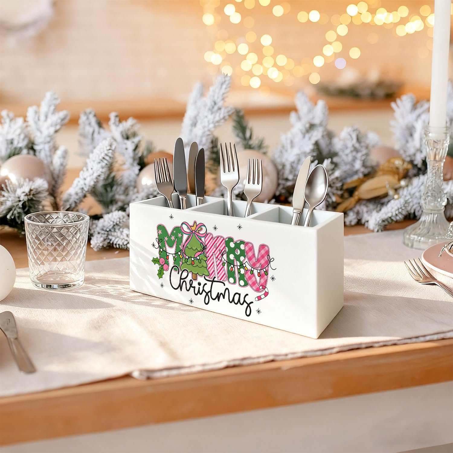 Merry Christmas Kitchen Utensil Holder, Trendy Preppy Xmas Tree Lights Cooking Utensil Holder Wooden Storage Organizer Box For Kitchen Counter, Pink And Green Christmas Decor