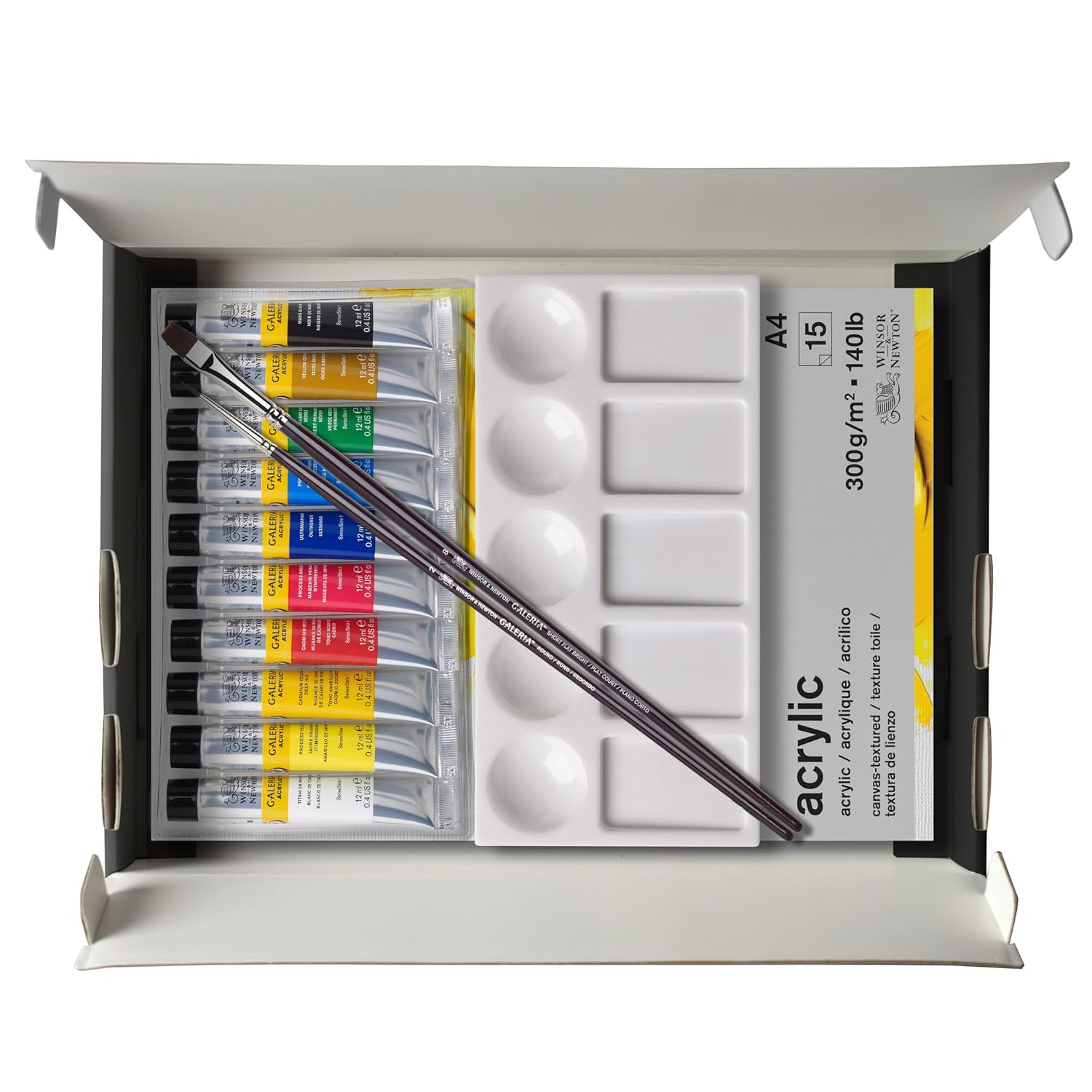 Winsor & Newton Galeria Acrylic Paint, Set of 10x12ml Tubes (includes 2 Brushes, Pad, Palette)