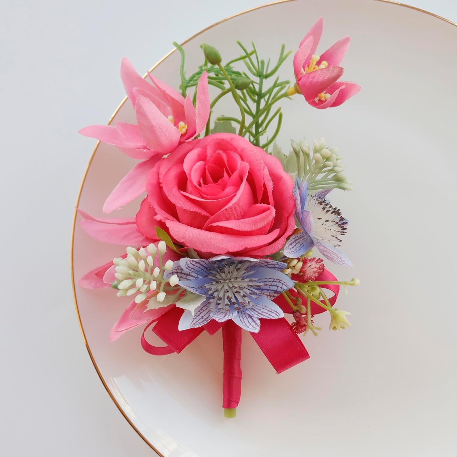 Wrist Corsage And Boutonniere Set Artificial Rose Flowers Accessories For Groom Bride Groomsmen Bridesmaids Wedding Party Prom Suit - Rose Red-2 Pieces
